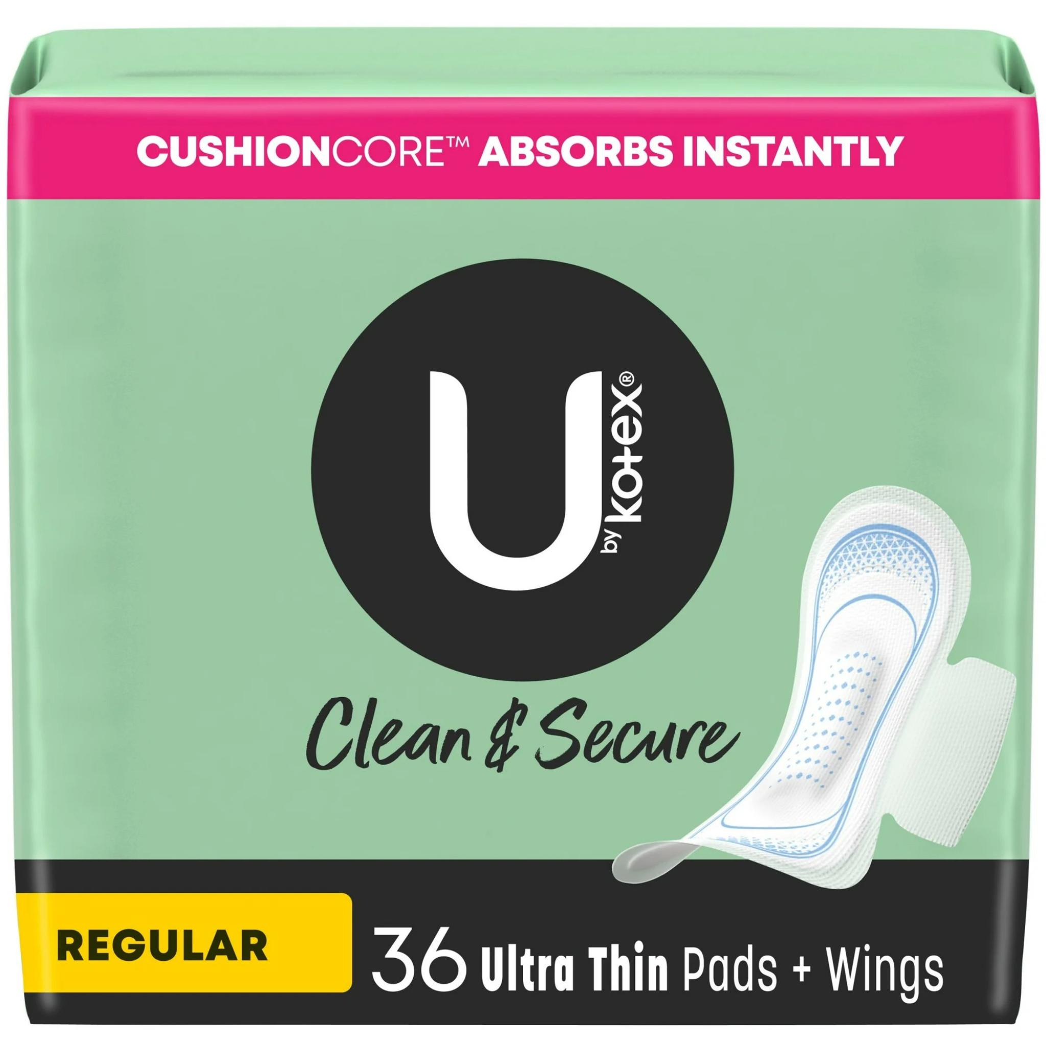 U by Kotex Clean & Secure Ultra Thin Pads with Wings, Regular Absorbency, 36 Count