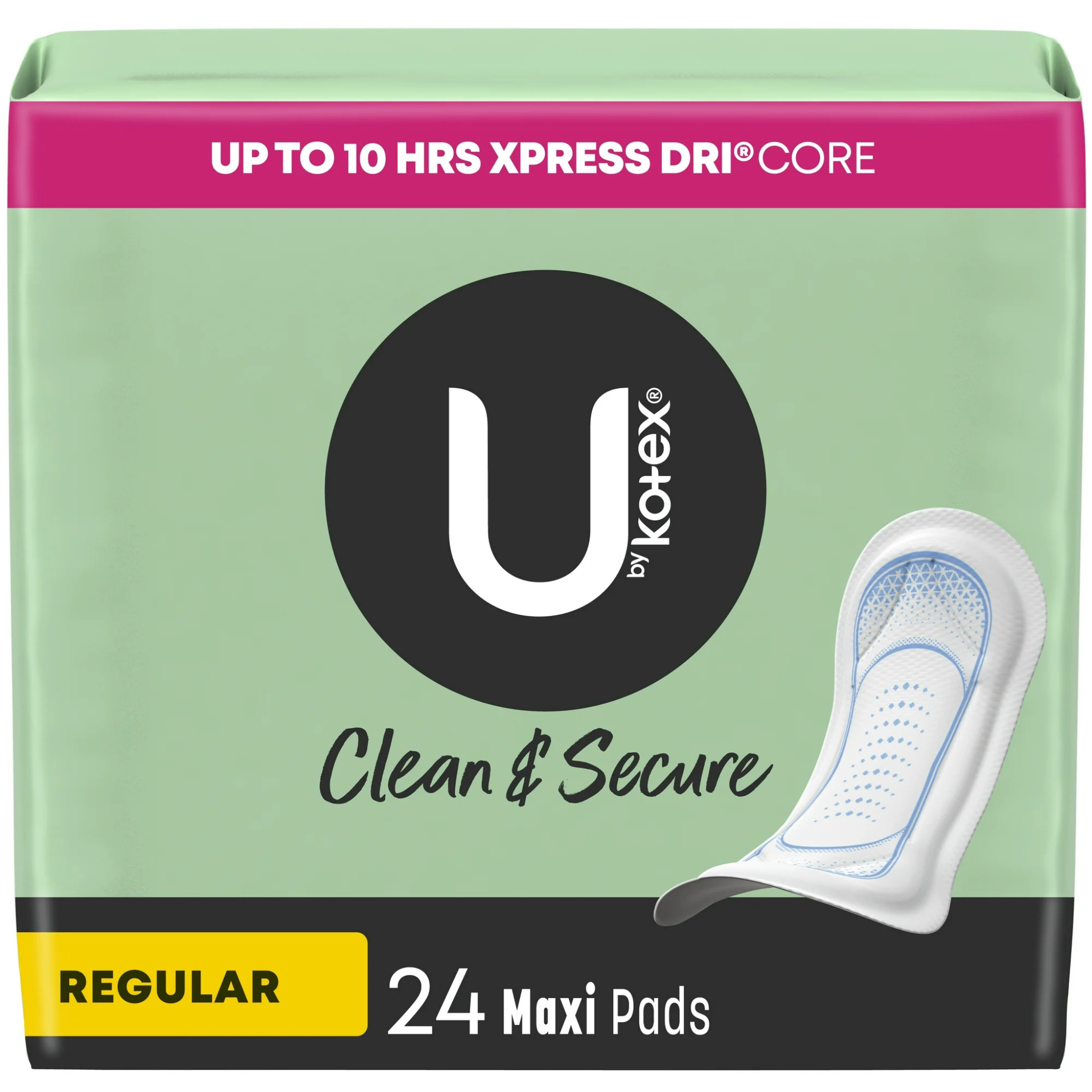 U by Kotex Security Maxi Feminine Pads, Regular Absorbency, Unscented, 24 Count