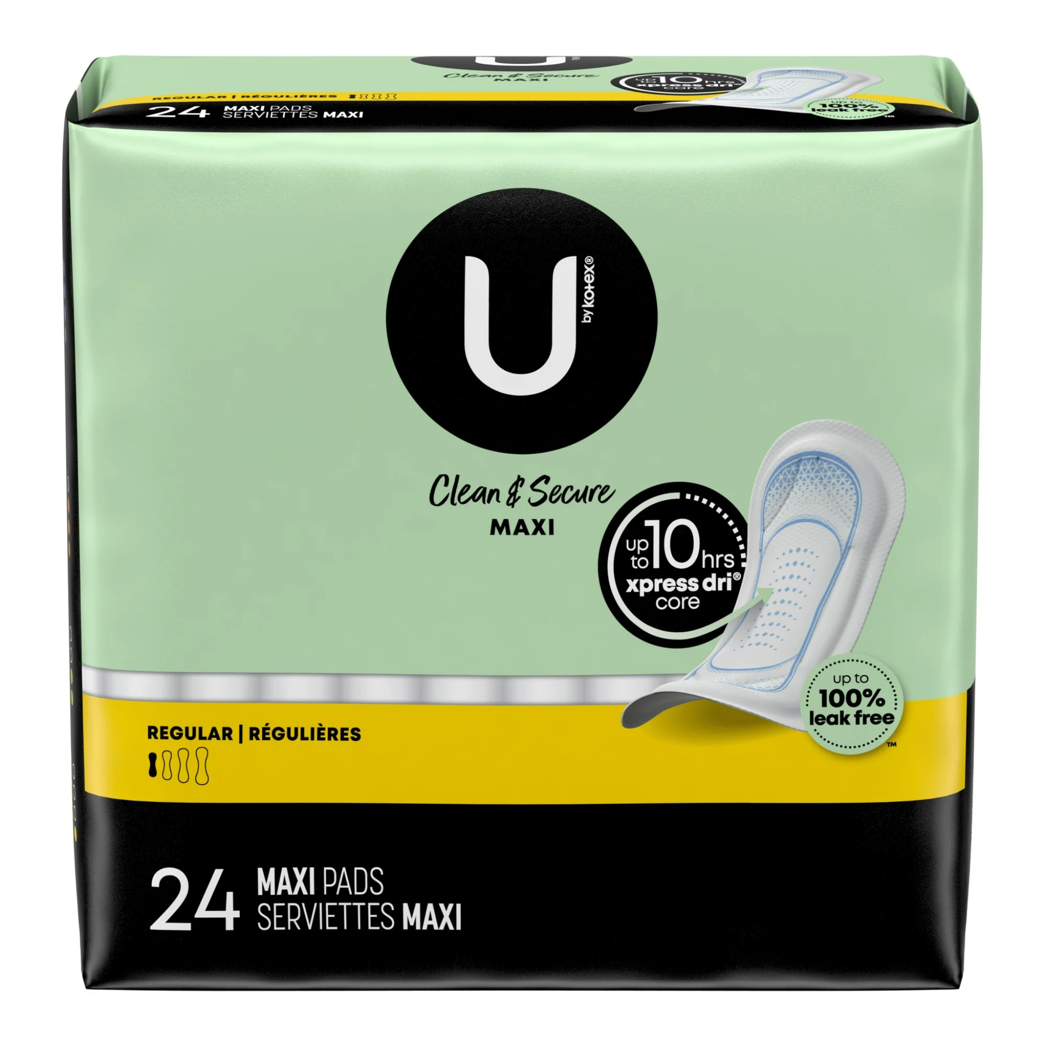 U by Kotex Security Maxi Feminine Pads, Regular Absorbency, Unscented, 24 Count