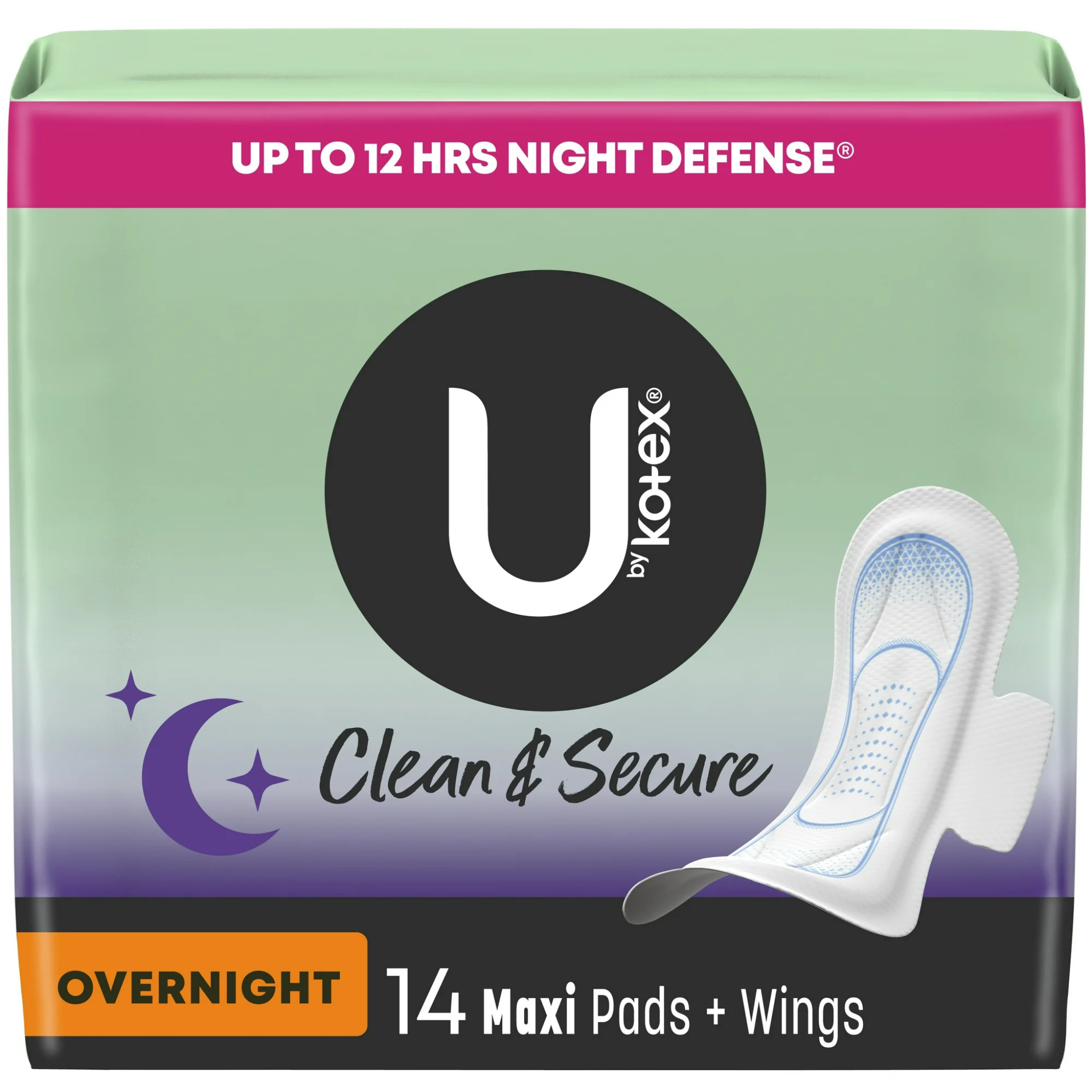 U by Kotex Security Maxi Pad with Wings, Overnight, Unscented, 14 Count