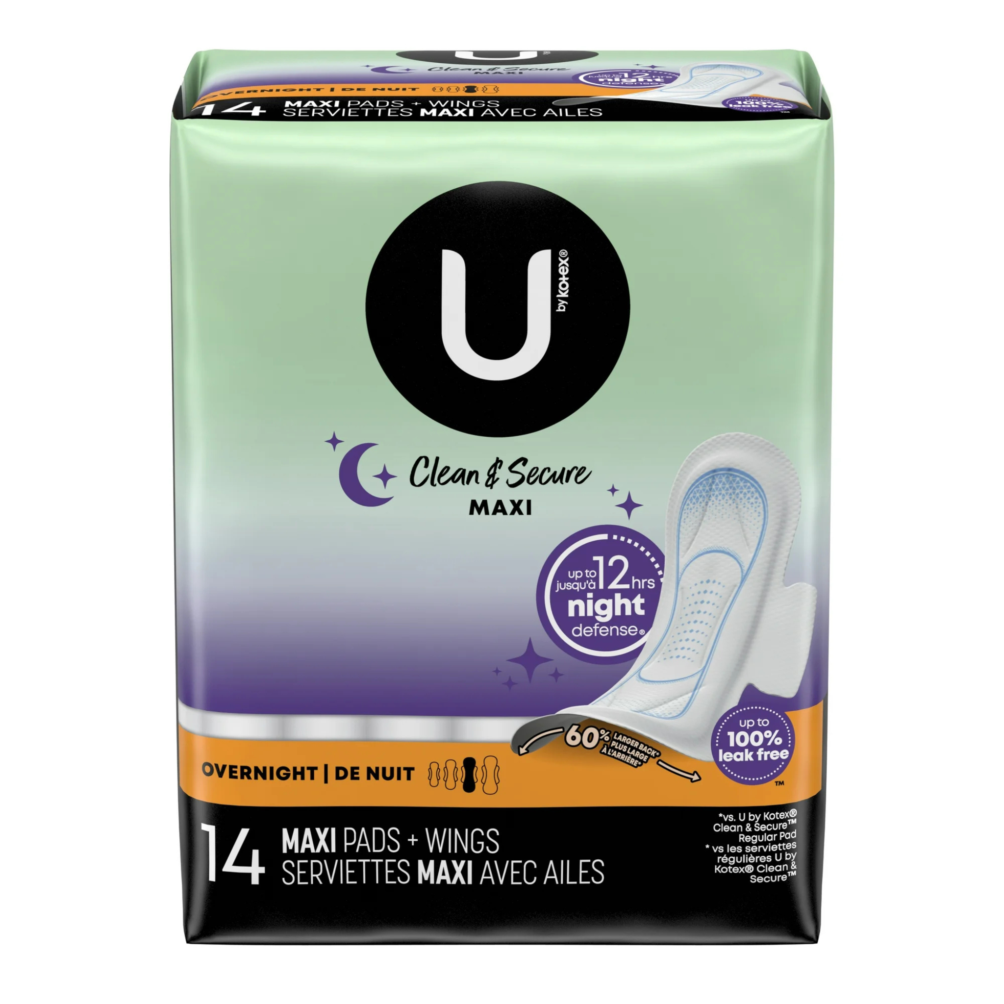 U by Kotex Security Maxi Pad with Wings, Overnight, Unscented, 14 Count