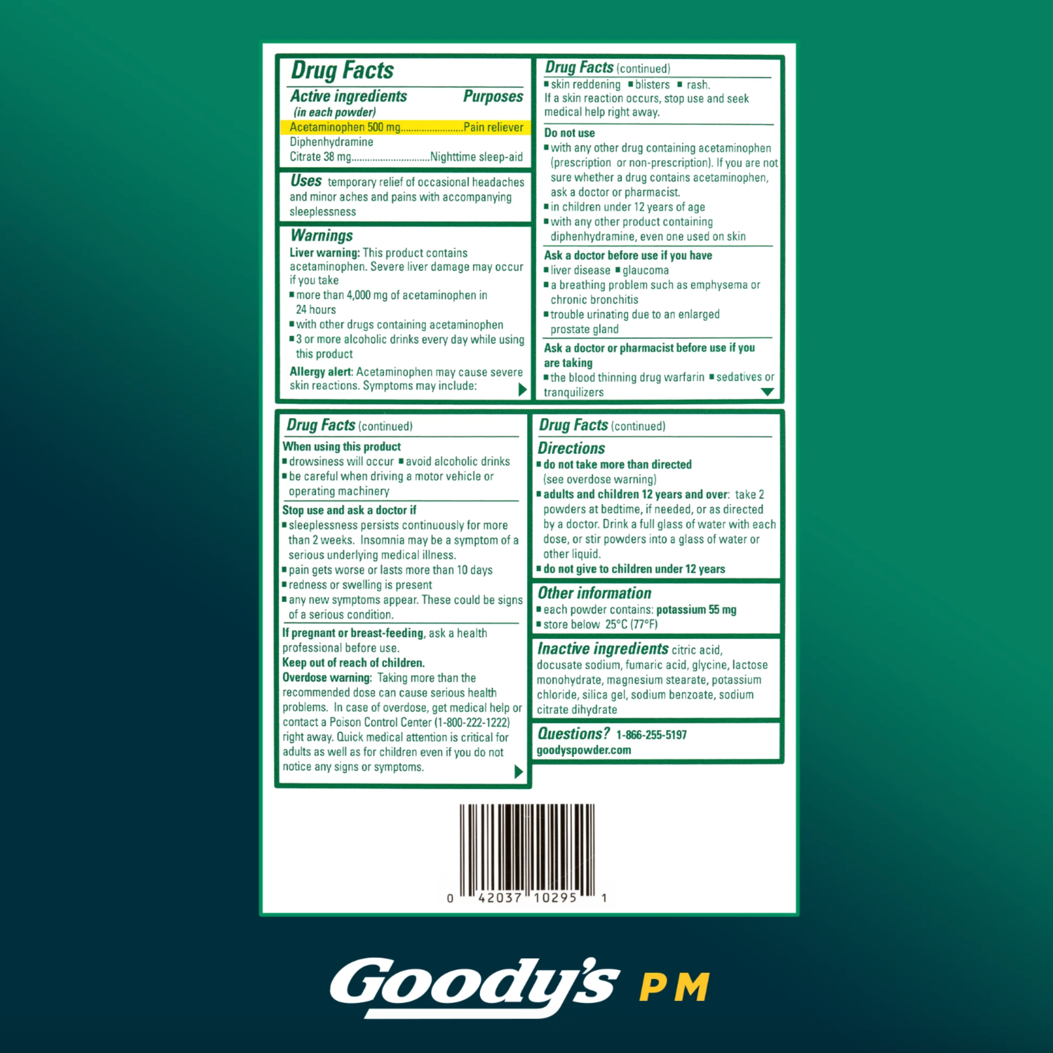 Goody's PM For Pain with Sleeplessness Nighttime Powder, Sleep Support, 16 Powder Sticks