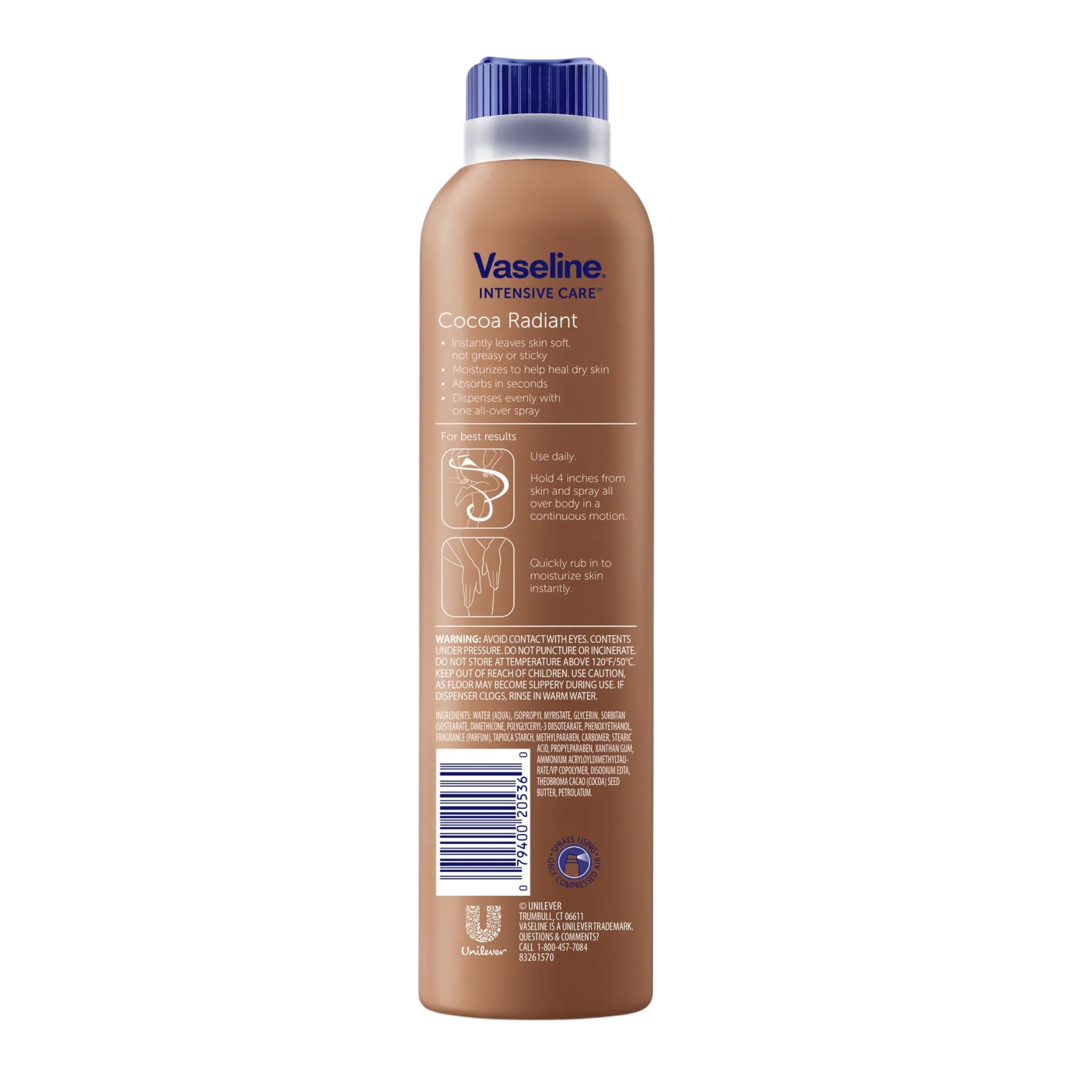 Vaseline, Intensive Care Radiant Spray Moisturizer, Non-Greasy Cocoa Body Lotion, 6.5 fl oz