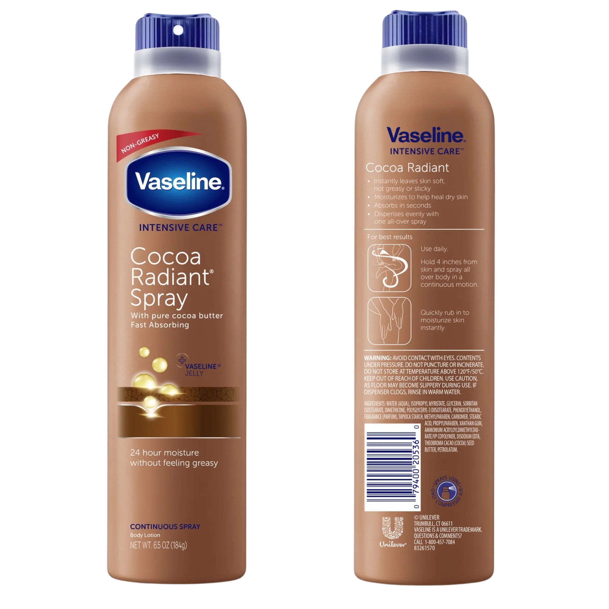 Vaseline, Intensive Care Radiant Spray Moisturizer, Non-Greasy Cocoa Body Lotion, 6.5 fl oz