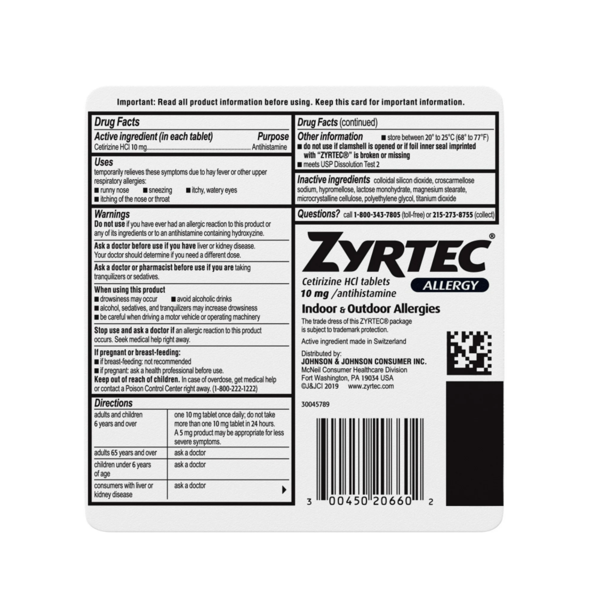 Zyrtec 24 Hour Allergy Relief Tablets with 10 mg Cetirizine HCl, 60 Ct