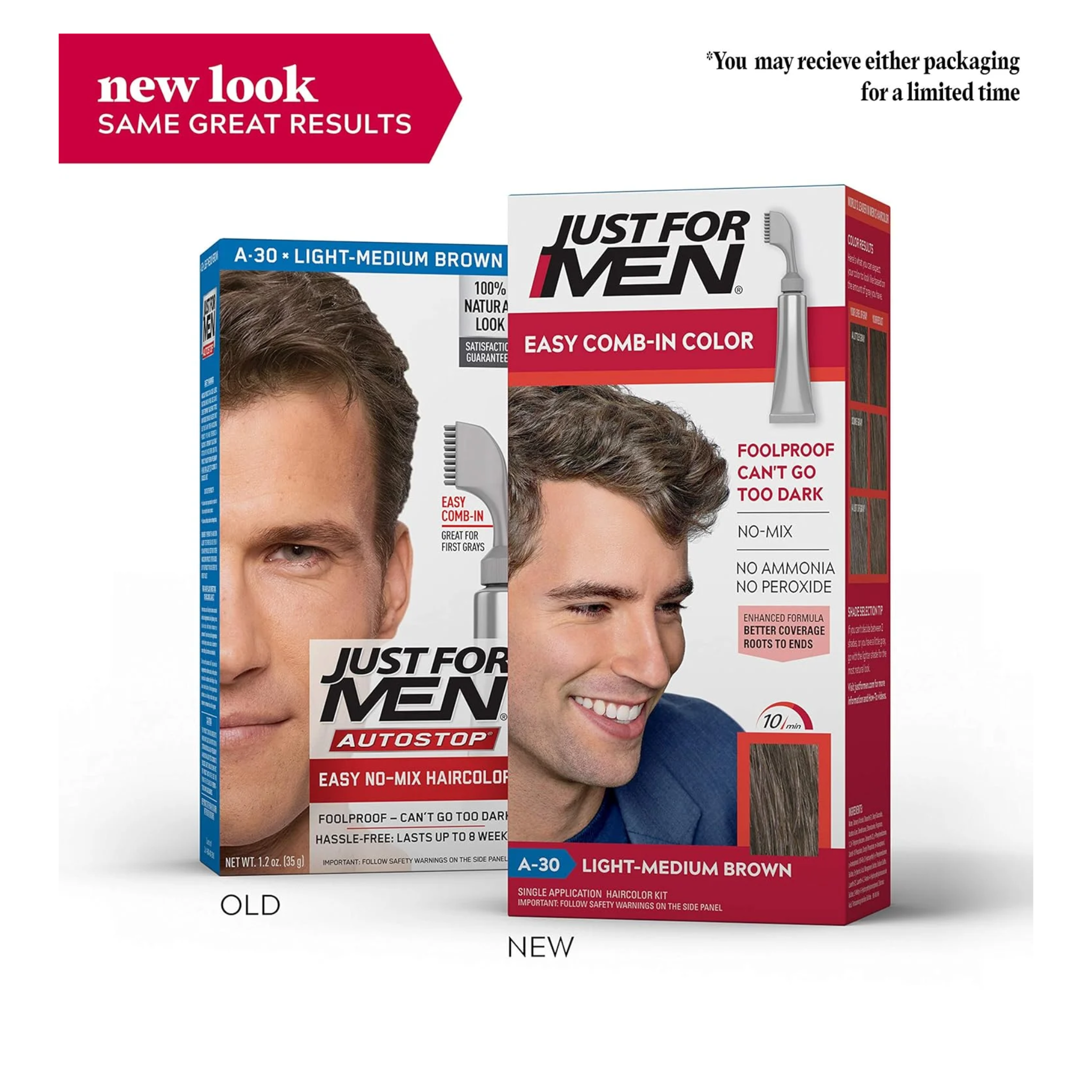 Just For Men, Easy Comb-In Color Men’s Hair Dye, No-Mix Application with Comb Applicator, Light-Medium Brown A-30, Pack of 1