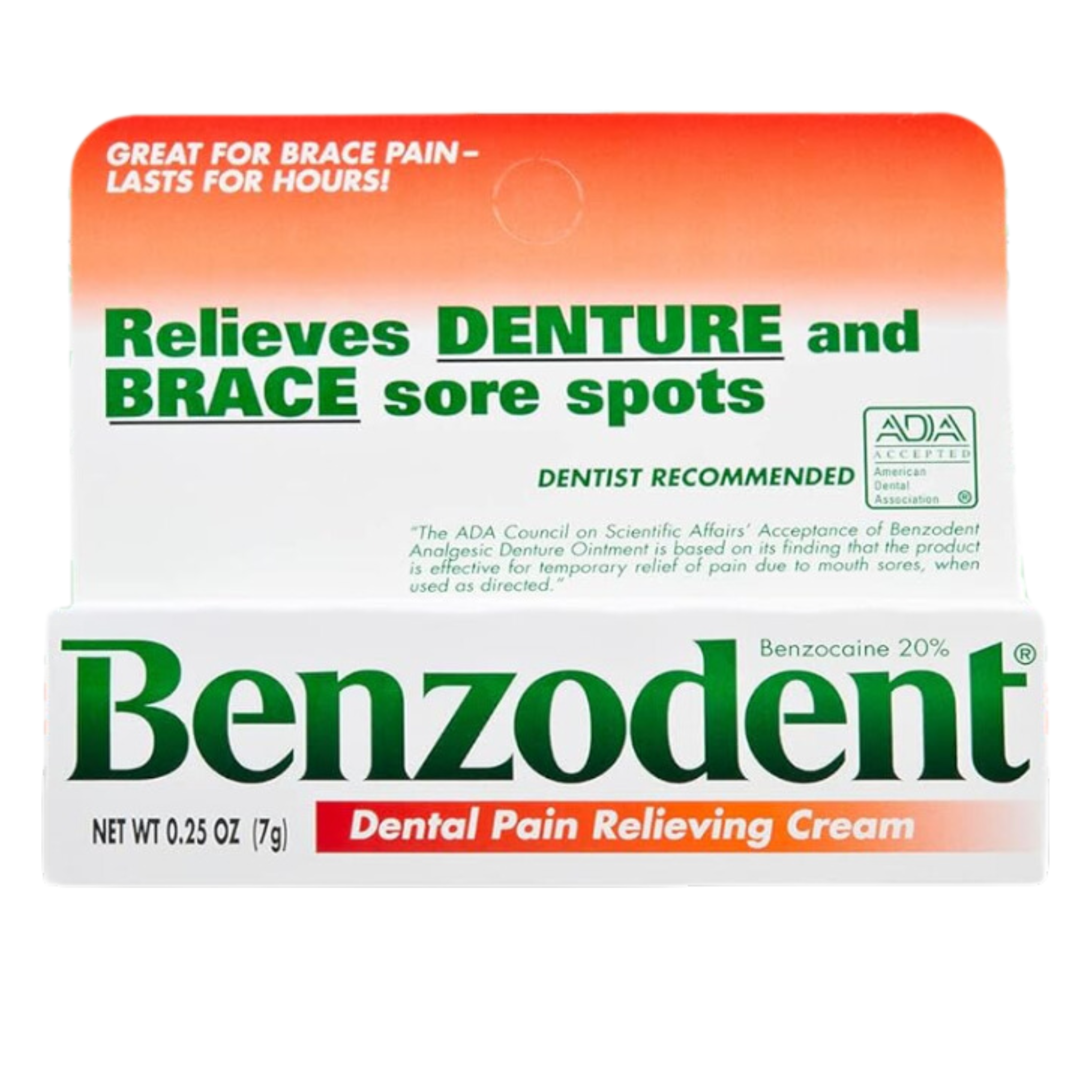 Benzodent, Denture Pain Relieving Cream, Soothes Sore Gums and Provides Fast Relief, 0.25 oz