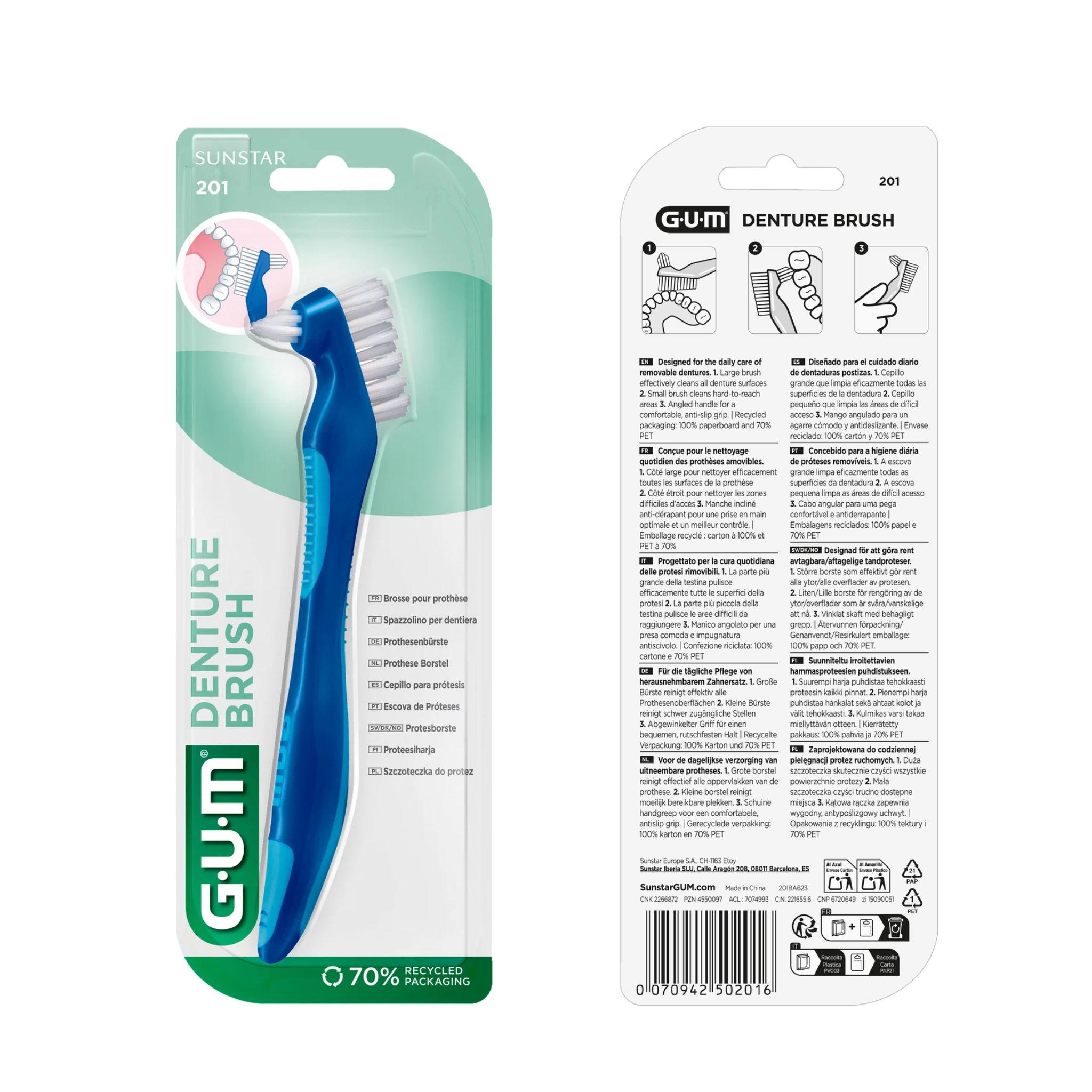 GUM, Denture Brush, Dual-Action Cleaning for Dentures and Partials, 1 Each