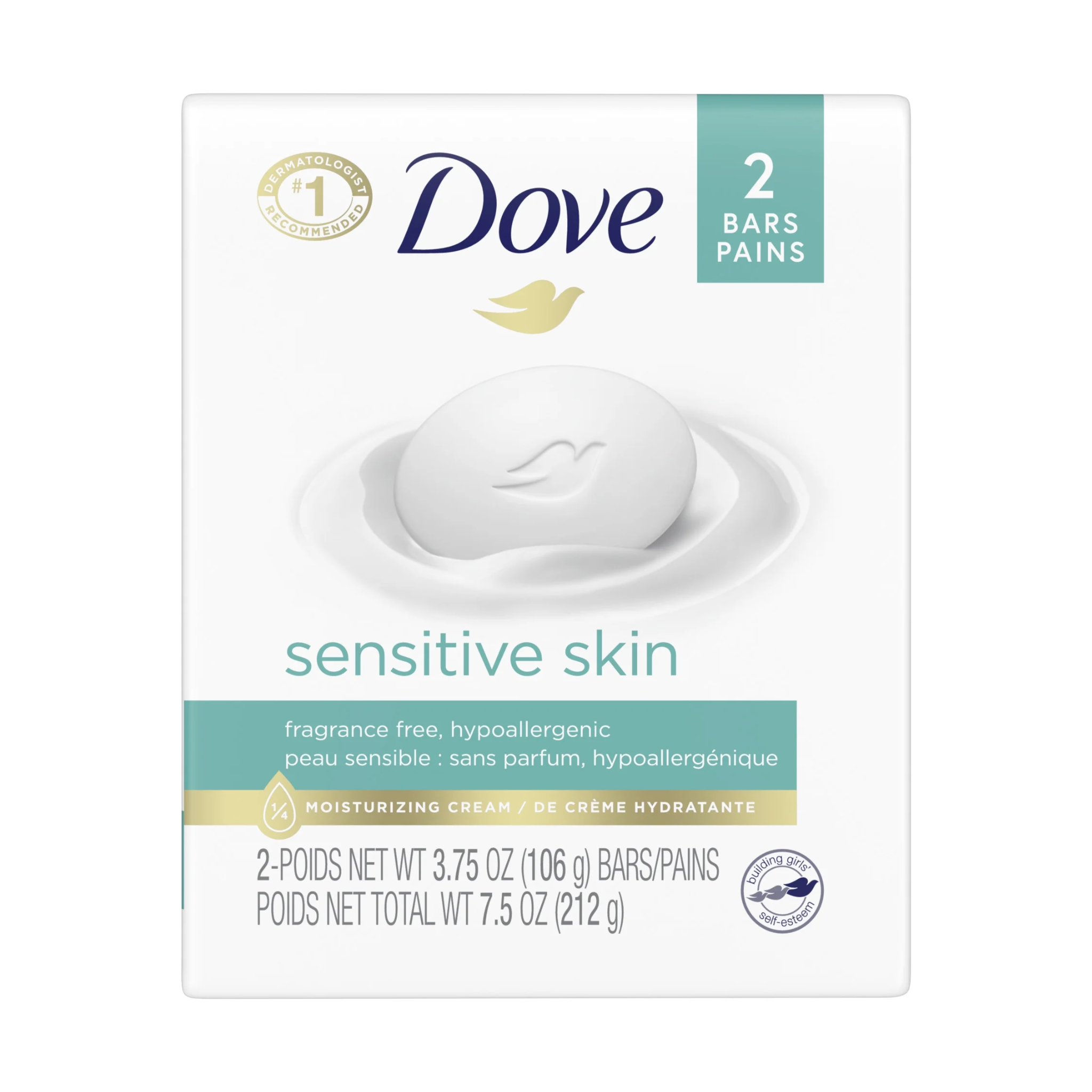 Dove, Sensitive Skin Beauty Bar, Unscented & Hypoallergenic, Gentle Cleansing for Sensitive Skin, 3.75 oz, 2 Bars