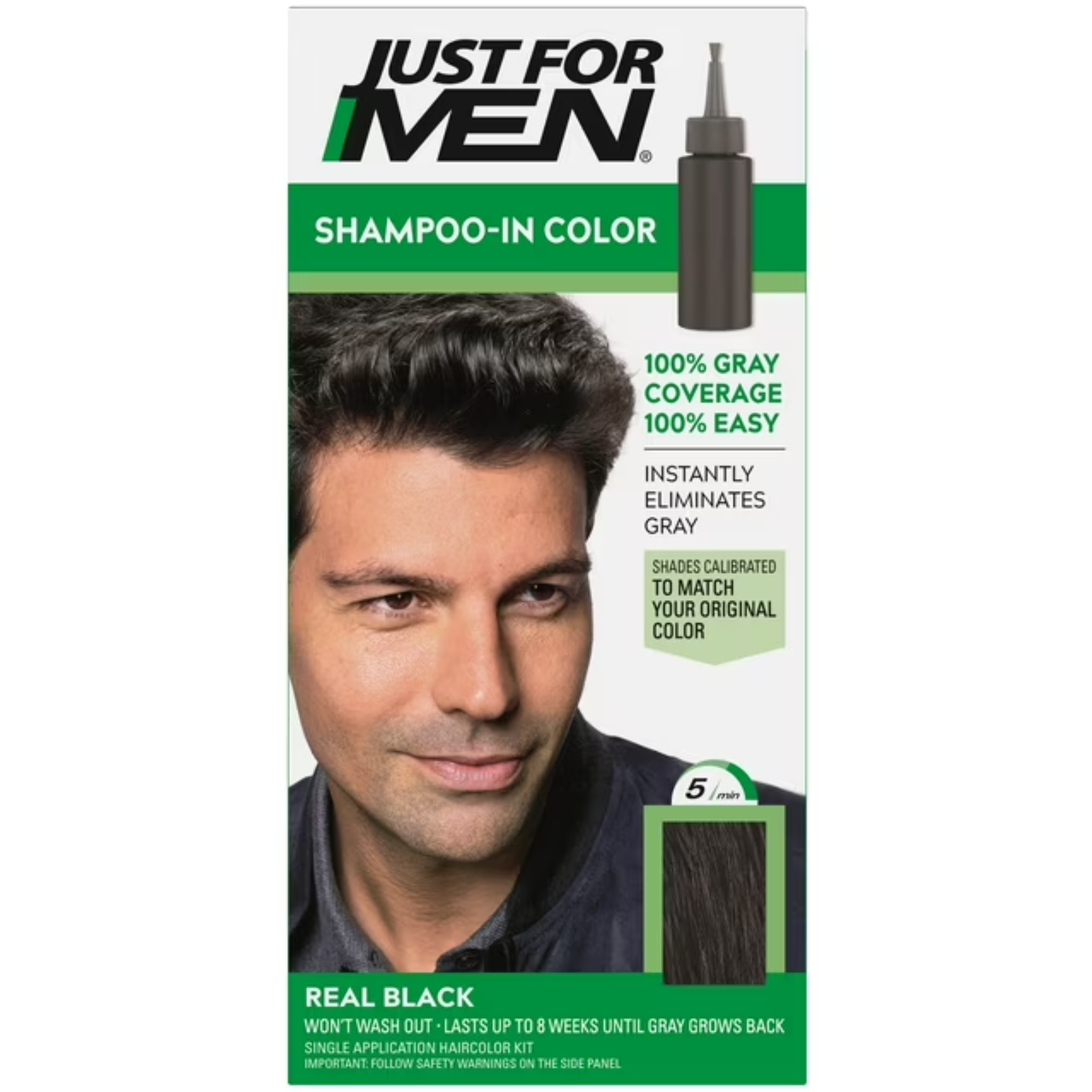 Just For Men, Shampoo-In Hair Dye for Men, Real Black H-55, Easy Gray Coverage with Natural Results