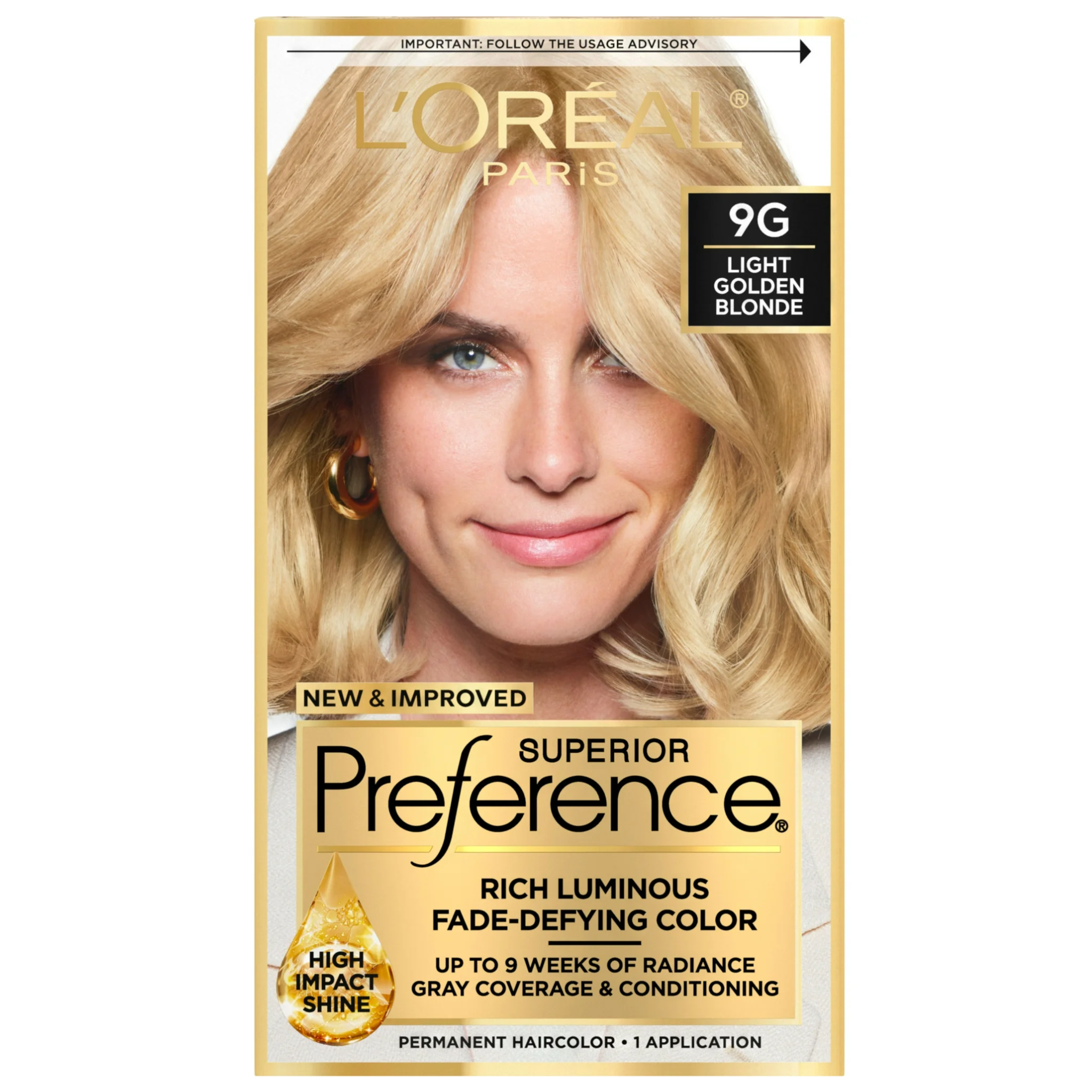 L'Oreal Paris, Superior Preference Fade-Defying Hair Color, 9G Light Golden Blonde, Long-Lasting Shine, 1 Kit