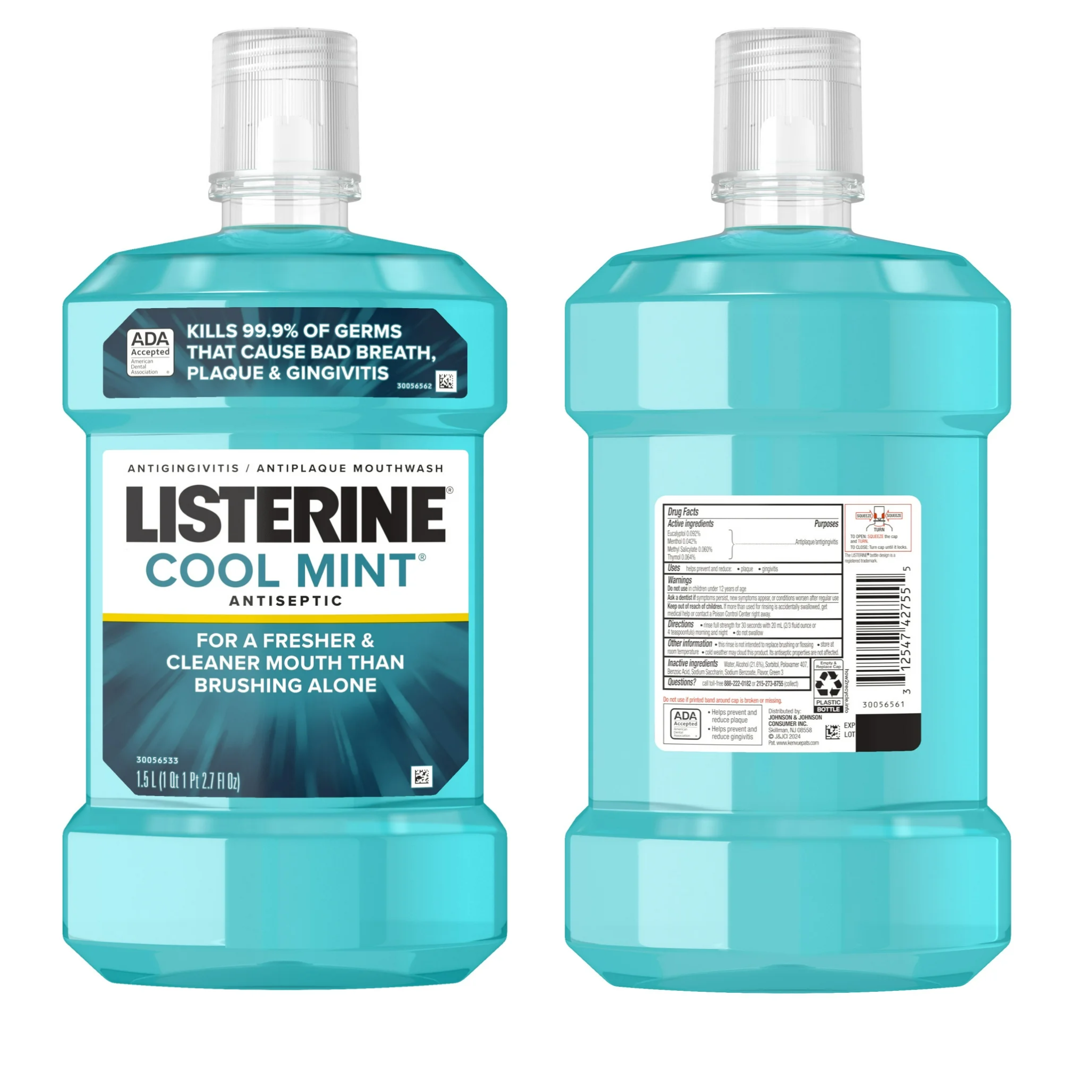 Listerine, Cool Mint Antiseptic Mouthwash, Fights Bad Breath and Plaque, Oral Care Solution, 1.5 Liter