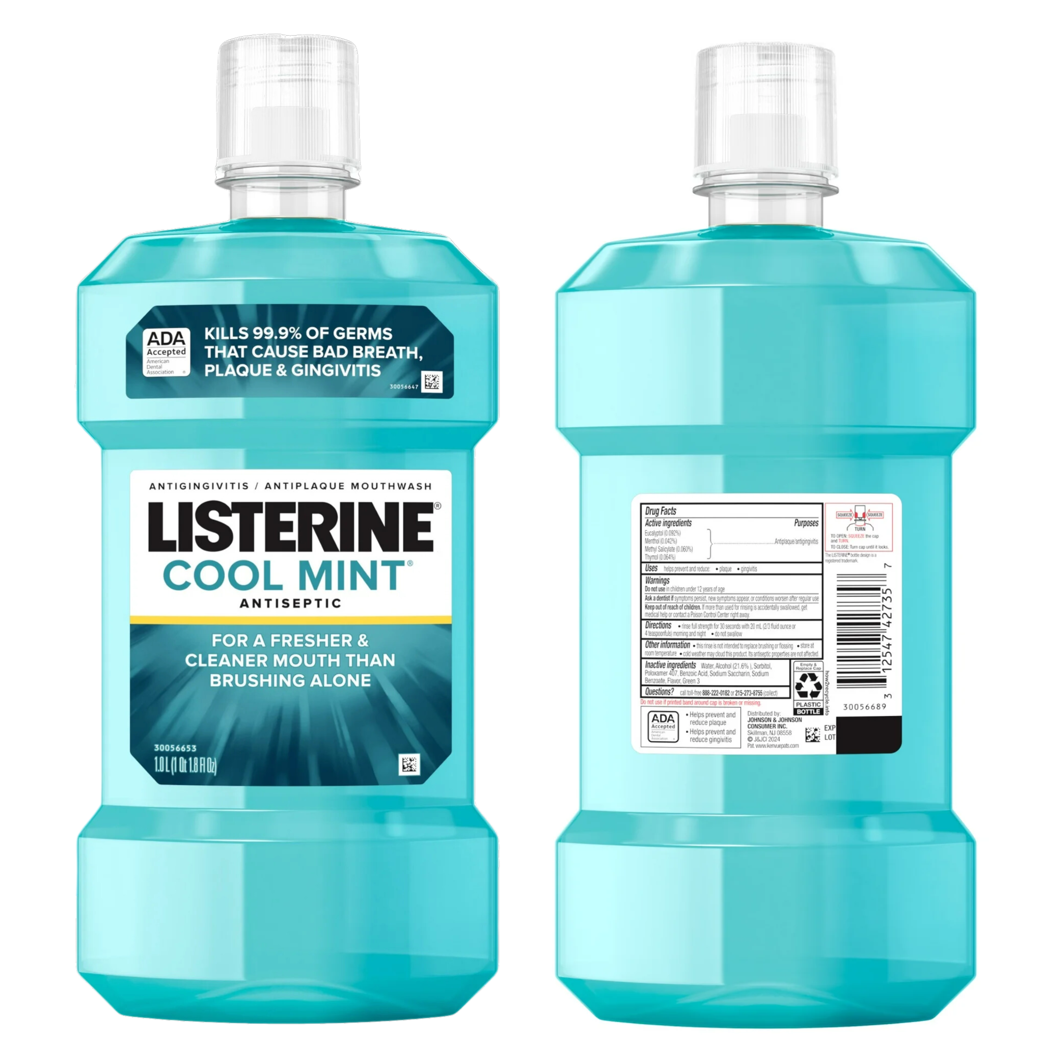 Listerine, Cool Mint Antiseptic Mouthwash, Fights Bad Breath and Plaque, Oral Care Solution, 1 Liter