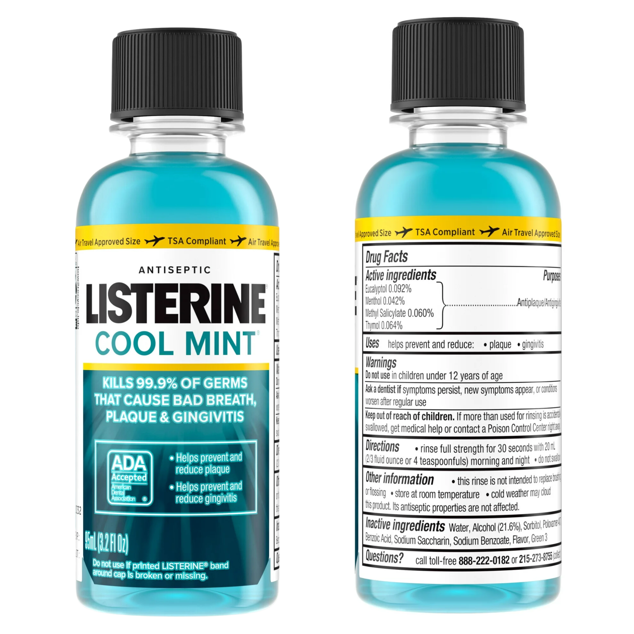 Listerine, Cool Mint Antiseptic Travel Mouthwash, Fights Bad Breath and Promotes Oral Hygiene, 3.2 oz