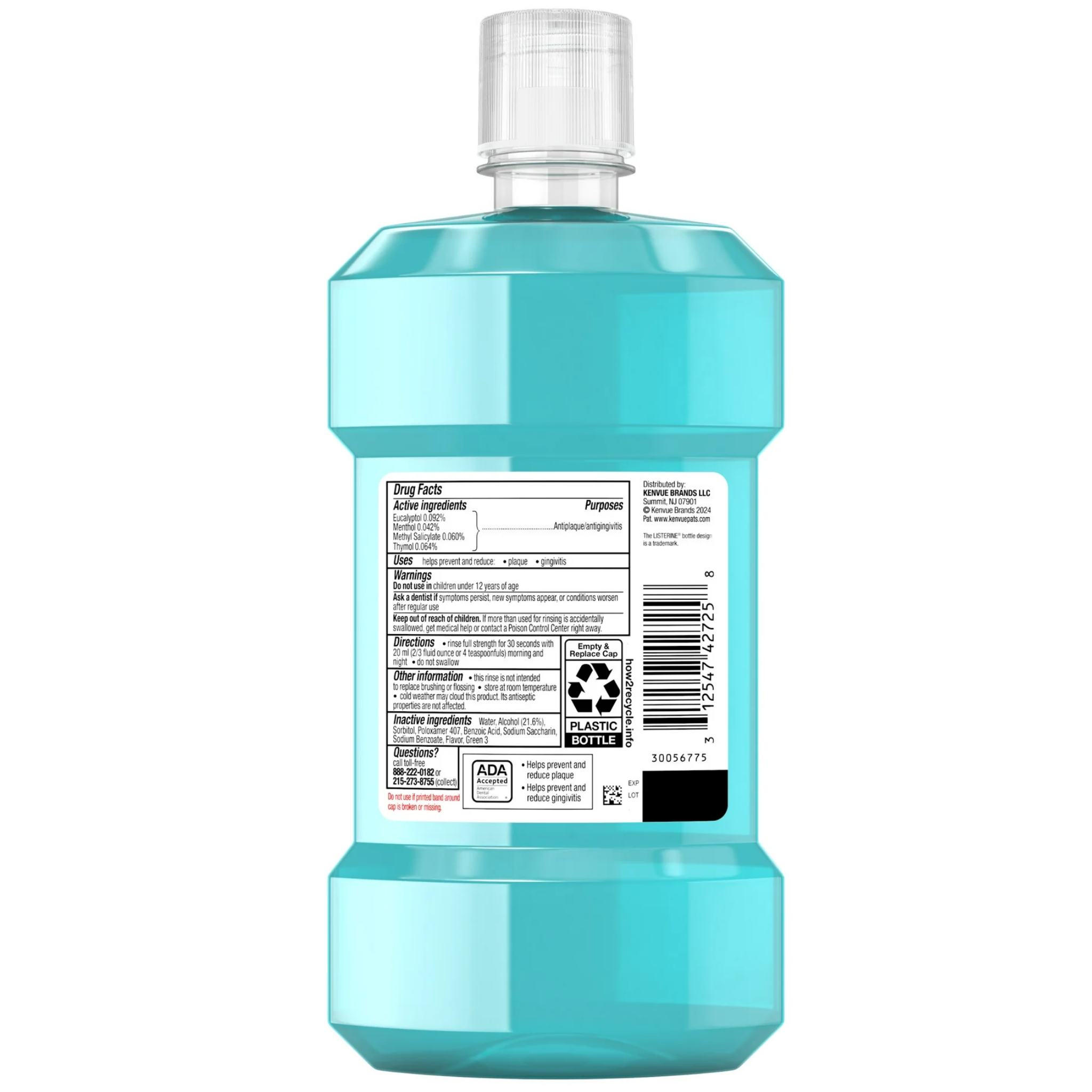 Listerine, Cool Mint Antiseptic Mouthwash, Fights Bad Breath and Plaque, Oral Care Solution, 500 mL