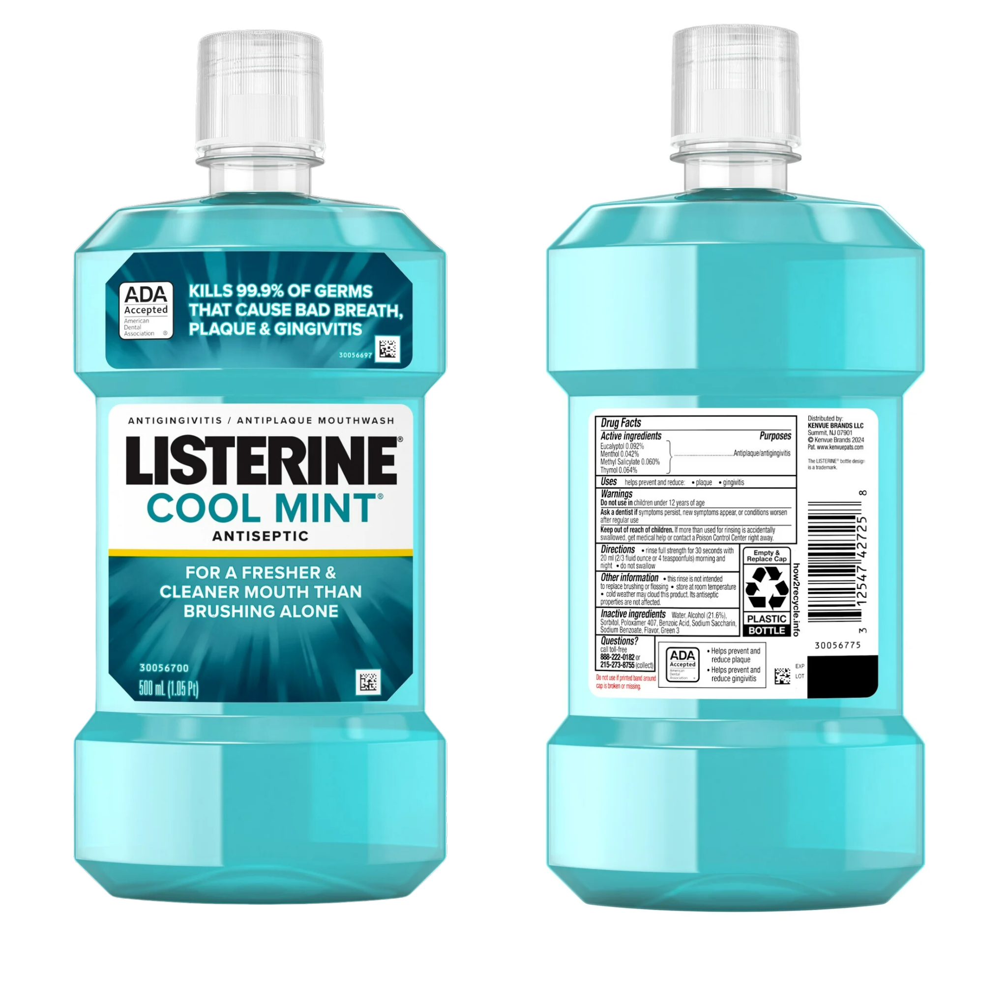 Listerine, Cool Mint Antiseptic Mouthwash, Fights Bad Breath and Plaque, Oral Care Solution, 500 mL