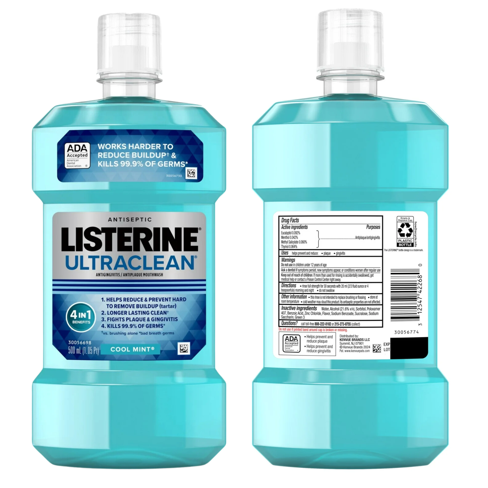 Listerine, Ultraclean Antiseptic Mouthwash, Oral Care for Gingivitis, Cool Mint, 500 mL