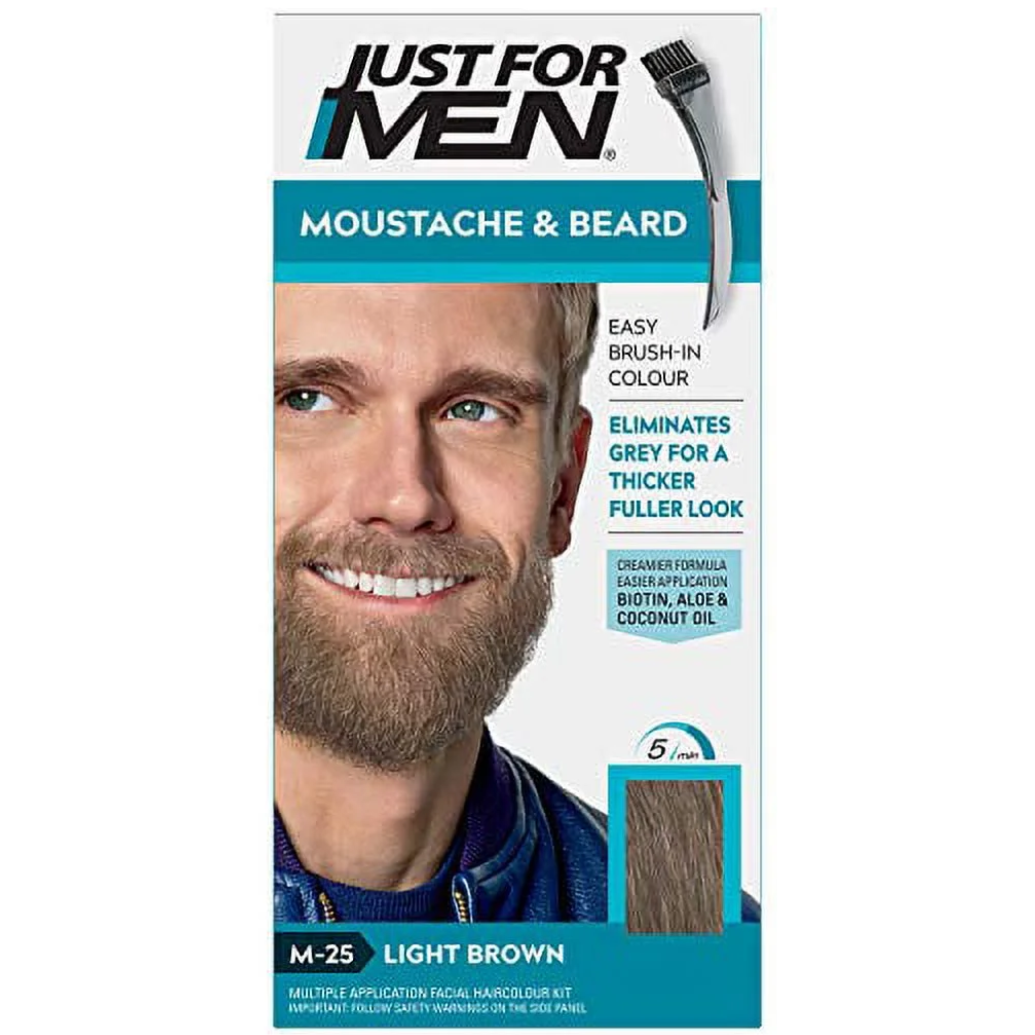 Just For Men, Brush-In Color Gel for Mustache & Beard, Light Brown M-25, Easy Gray Coverage for Natural-Looking Facial Hair, 1 Each