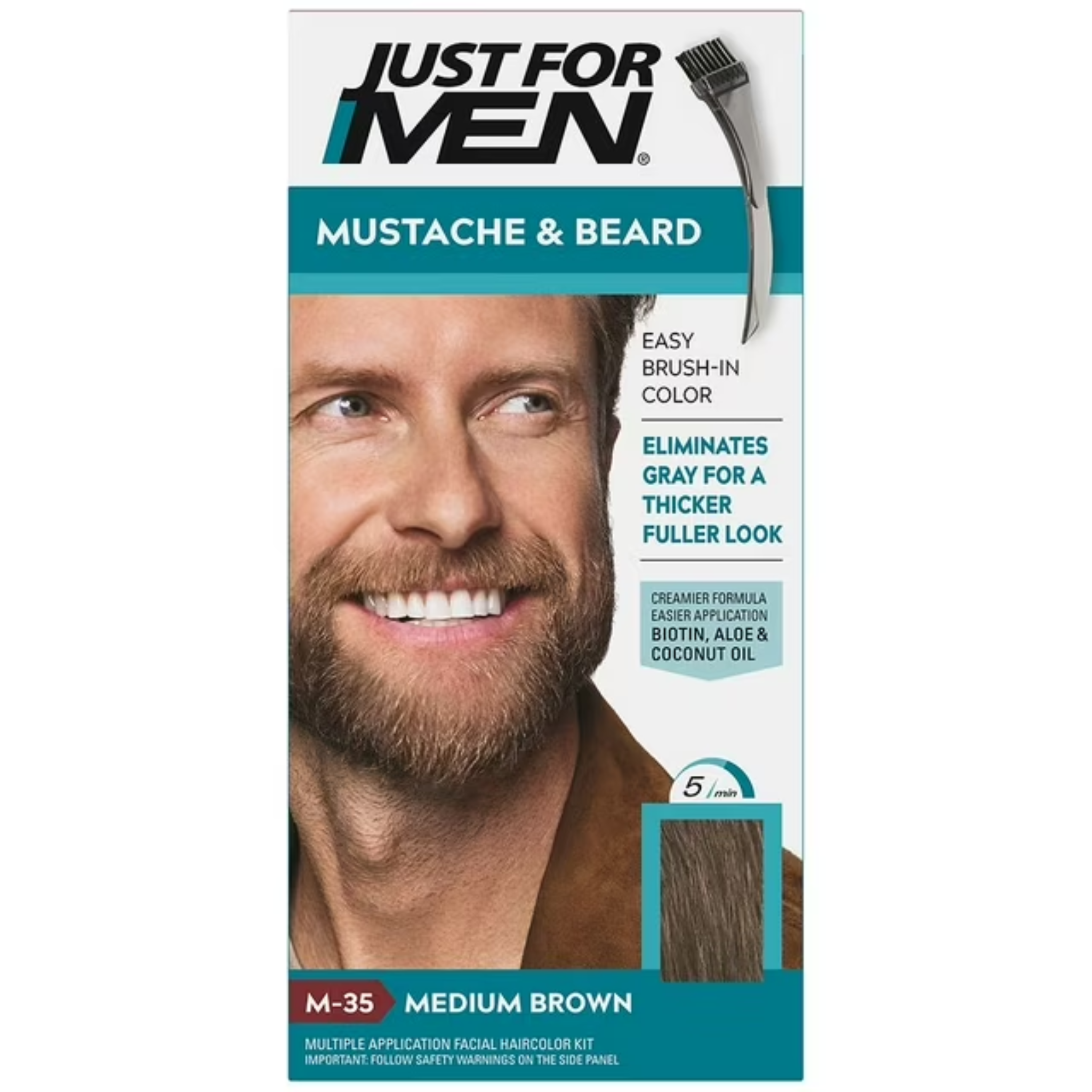 Just For Men, Mustache & Beard Color Kit, Medium Brown M-35, Easy Gray Coverage for Natural-Looking Facial Hair, 1.0 Set