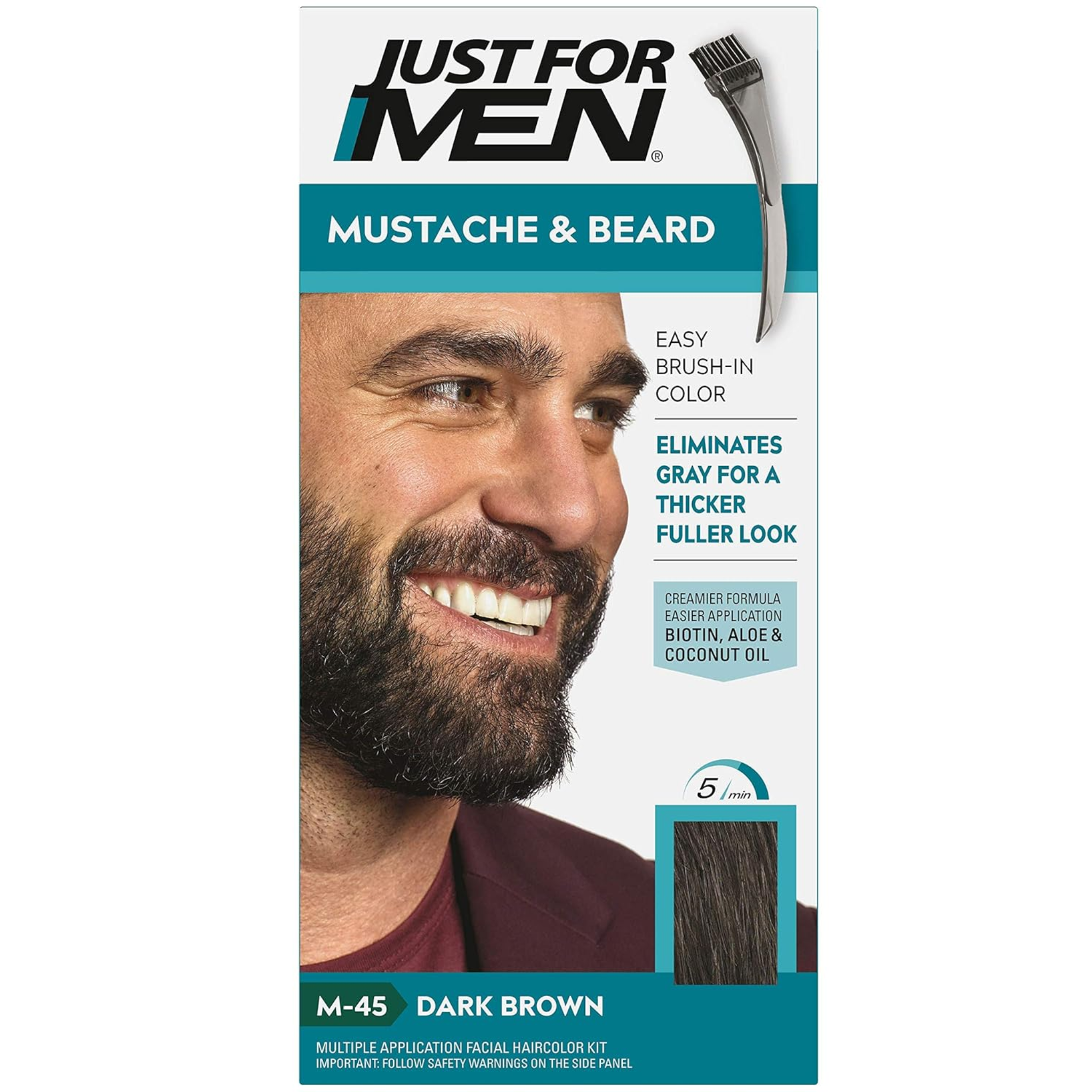 Just For Men, Mustache & Beard Color, Dark Brown M-45, Easy Application for Natural-Looking Facial Hair Color