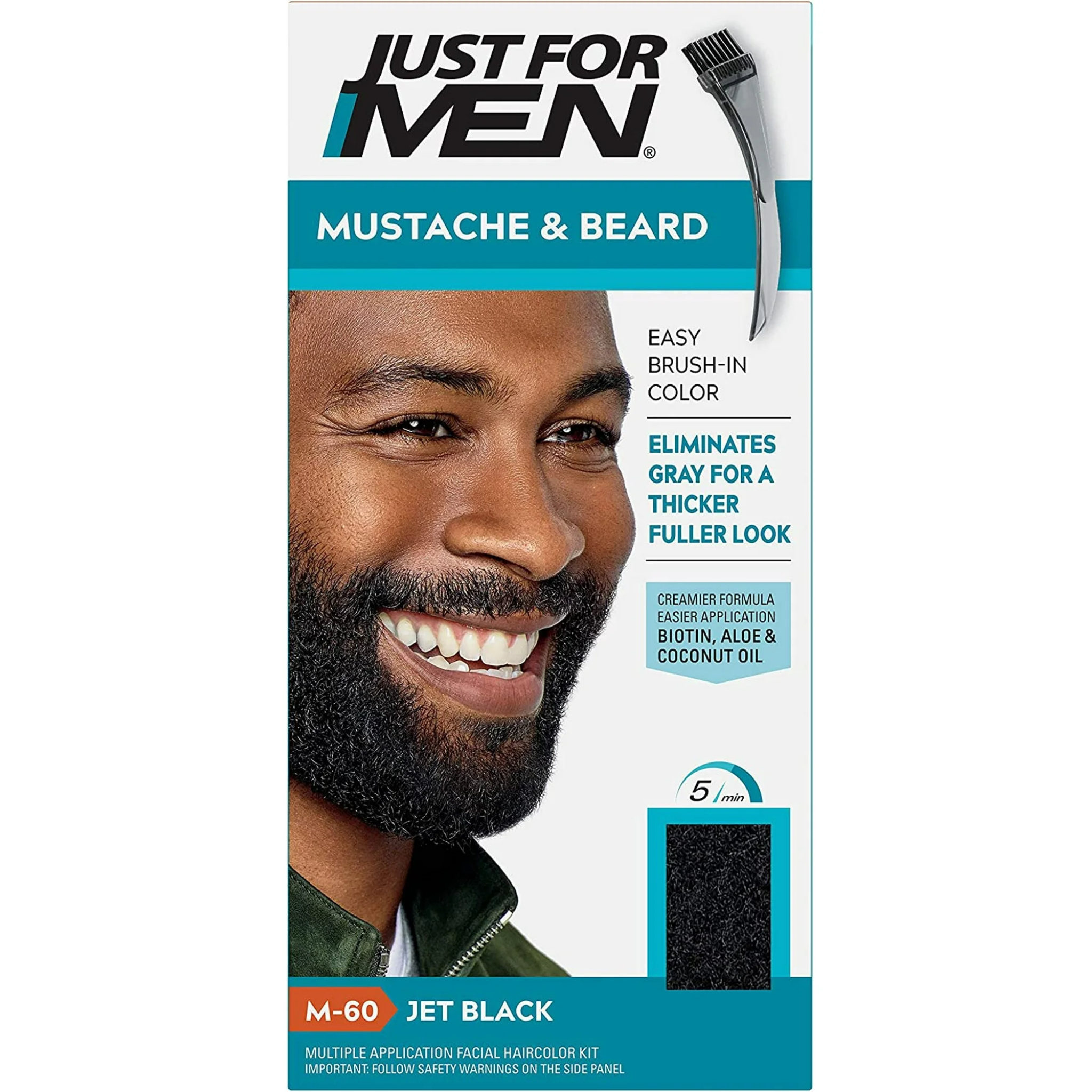 Just For Men, Brush-In Color Gel for Mustache & Beard, Jet Black M-60, Easy Gray Coverage and Natural-Looking Results, 1 Each