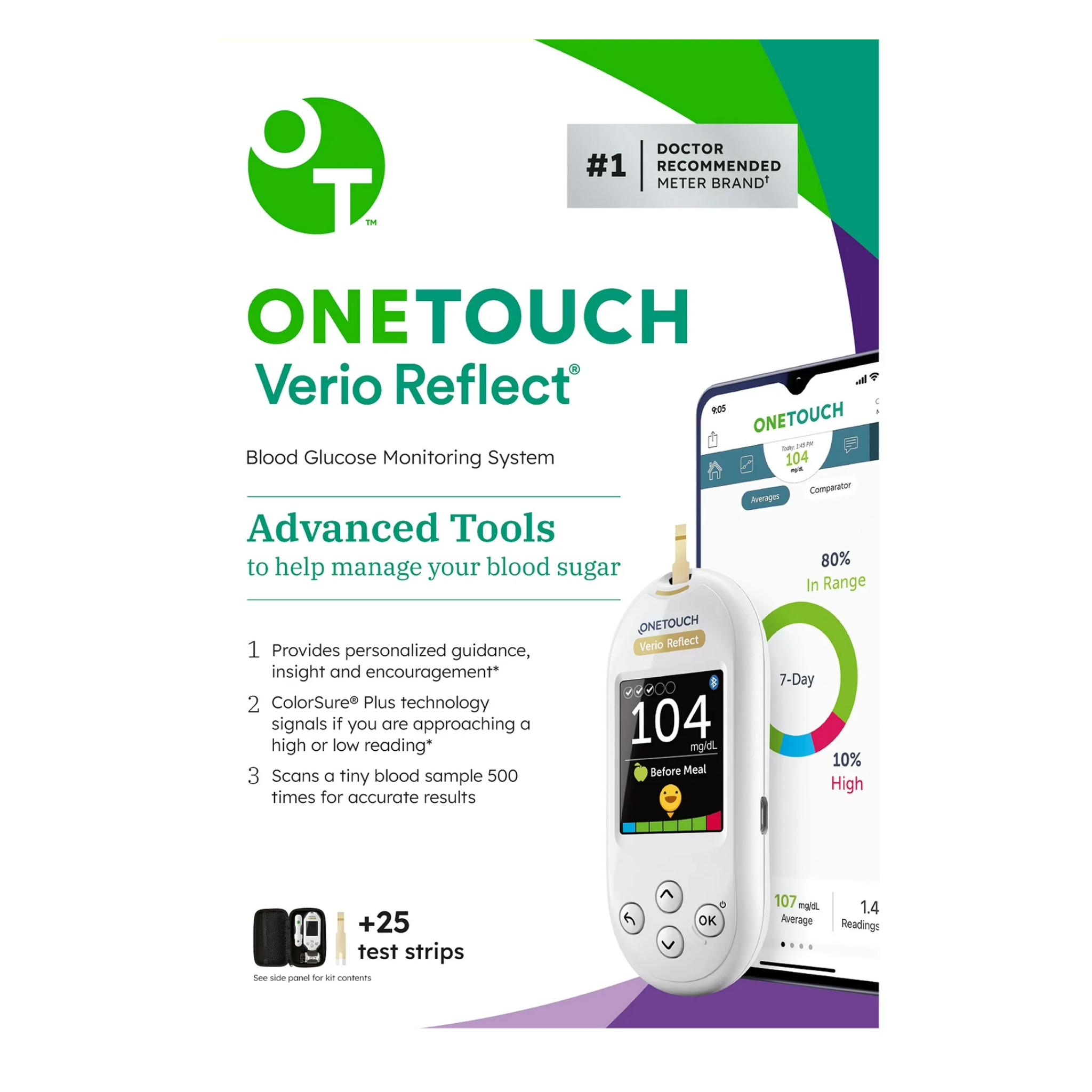 OneTouch, Verio Reflect Value Pack, Smart Blood Glucose Monitoring System with Enhanced Tracking