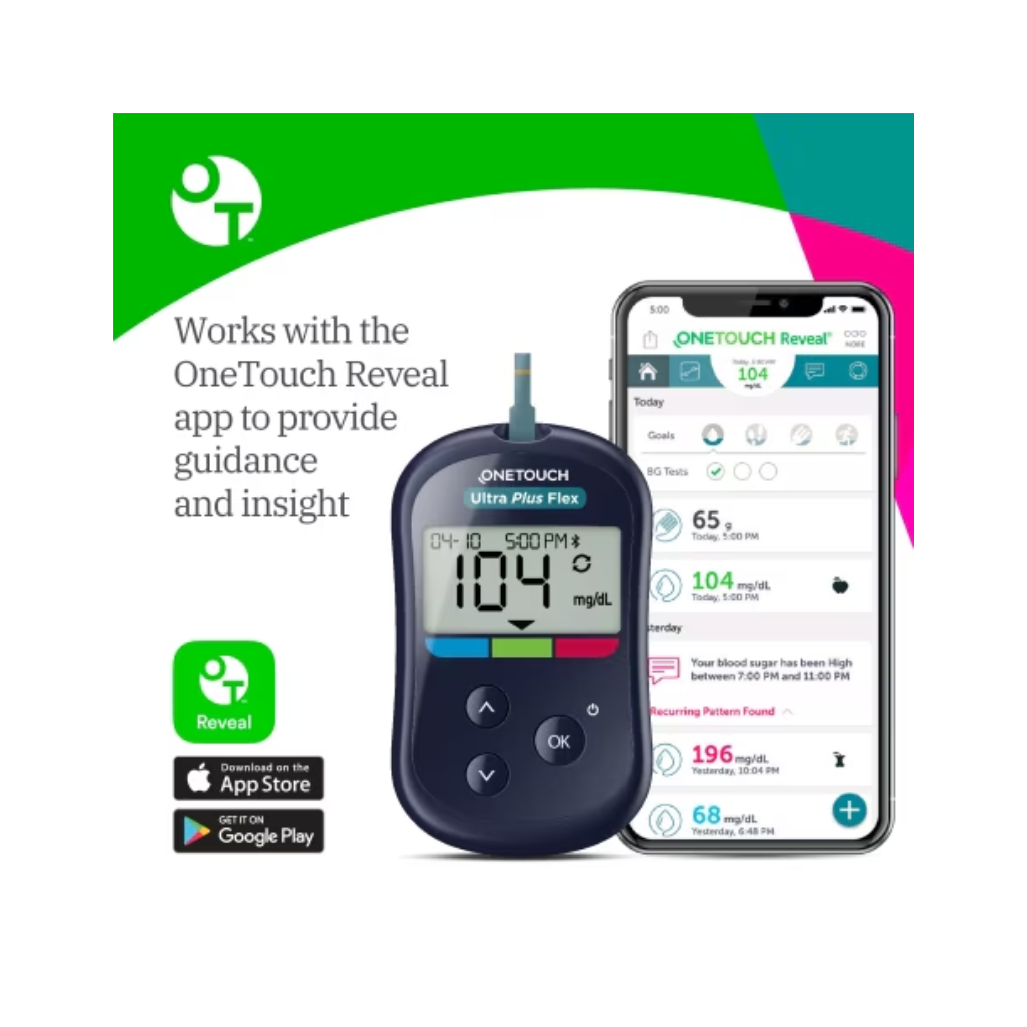 OneTouch, Ultra Plus Flex Meter, Accurate & Easy Blood Glucose Monitoring with Bluetooth Connectivity