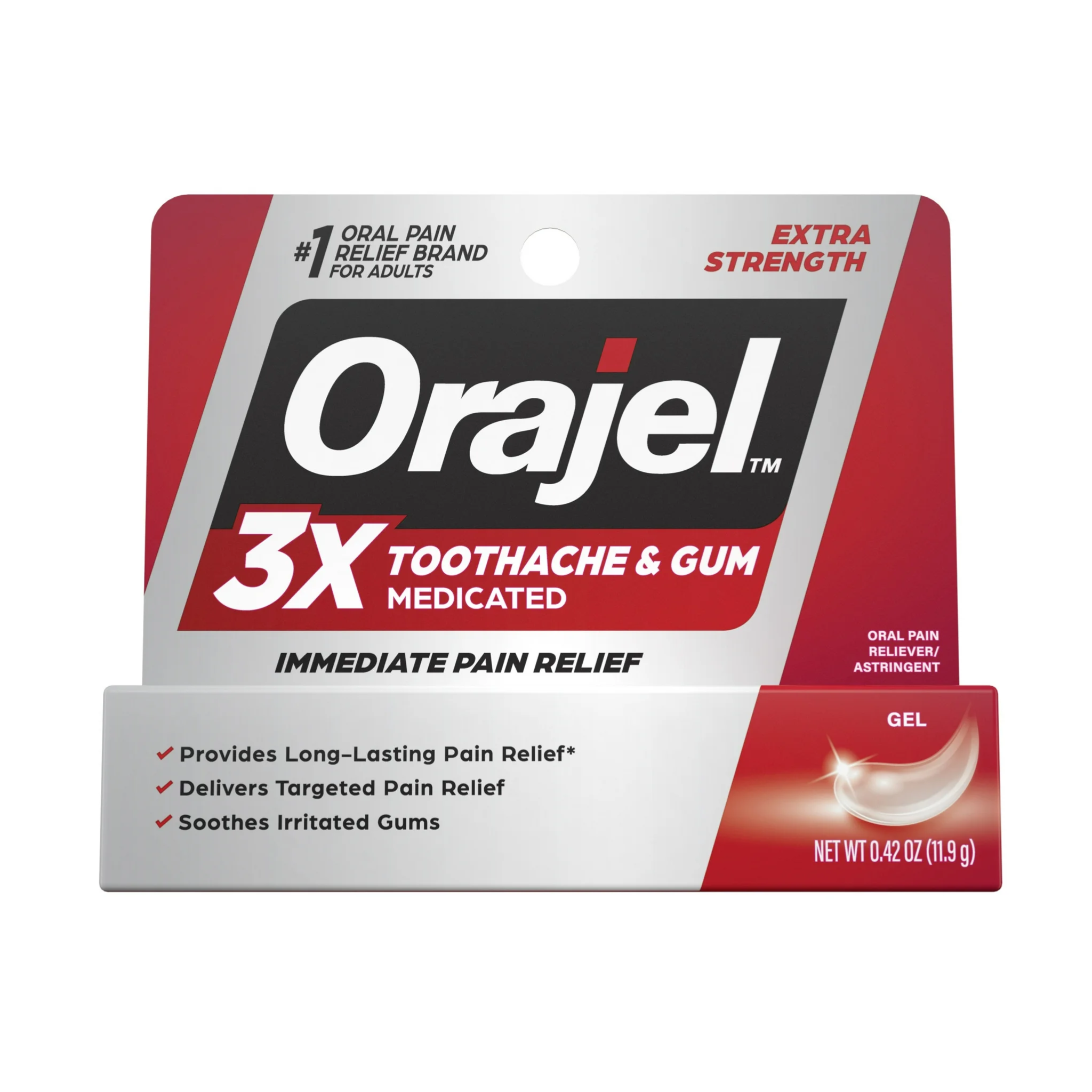 Orajel, 3X Medicated Toothache & Gum Pain Gel, Extra Strength Immediate Pain Relief, 0.42 oz