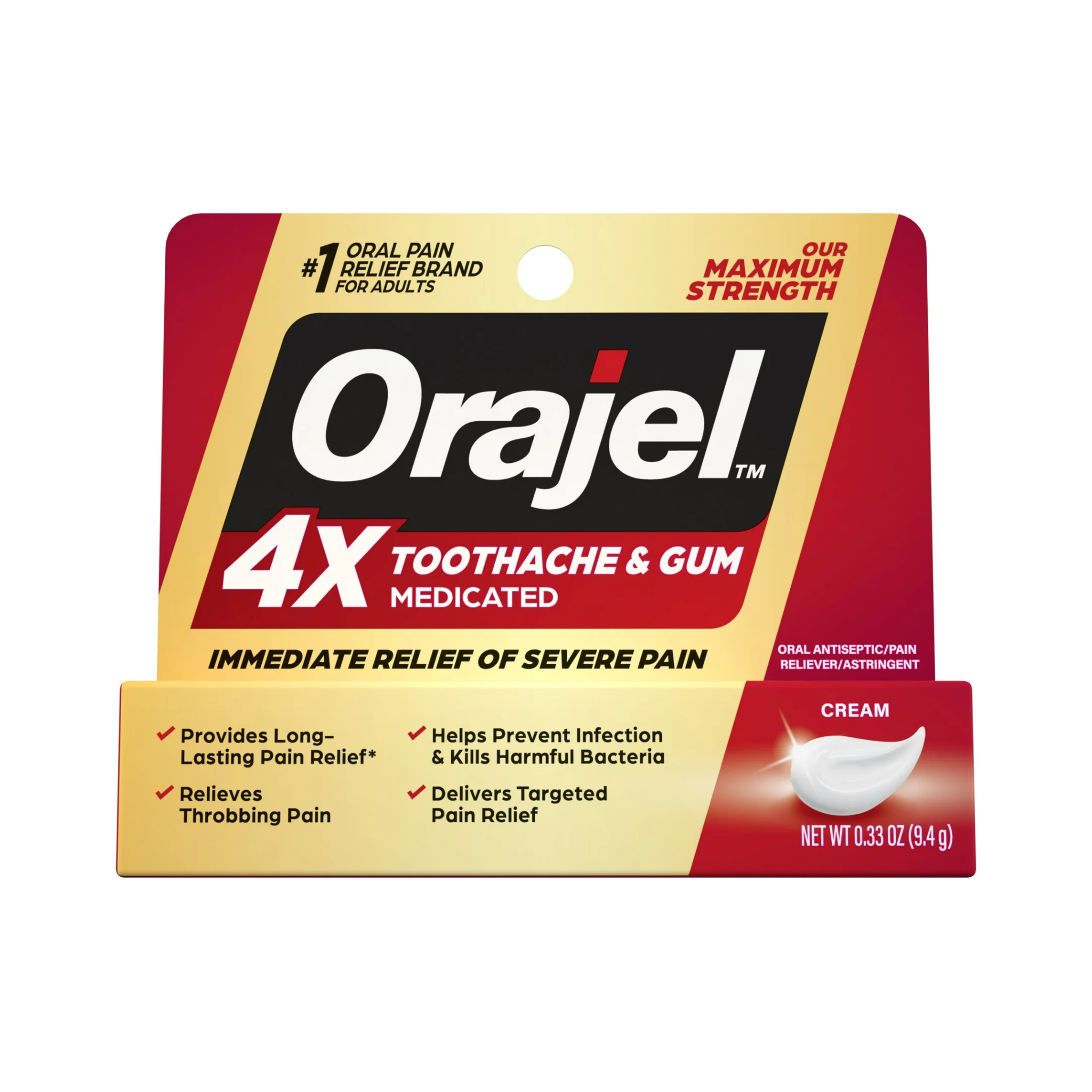 Orajel, 4X Severe Toothache & Gum Pain Relief Cream, Fast-Acting Formula, 0.33 oz