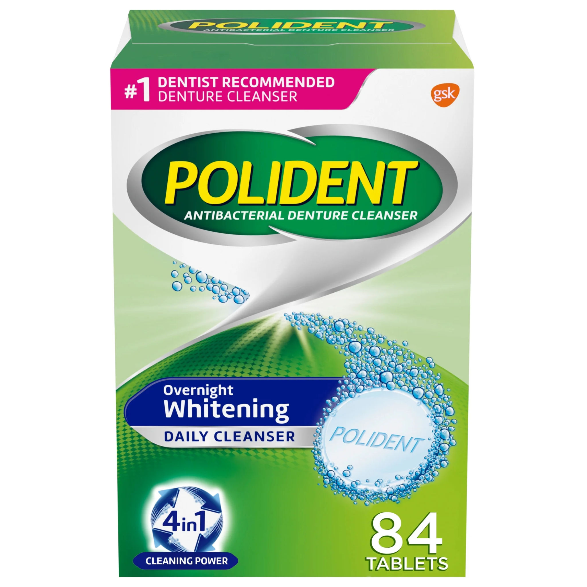 Polident, Overnight Whitening Denture Cleanser Tablets, Whitens and Cleans, 84 Count, For Adults