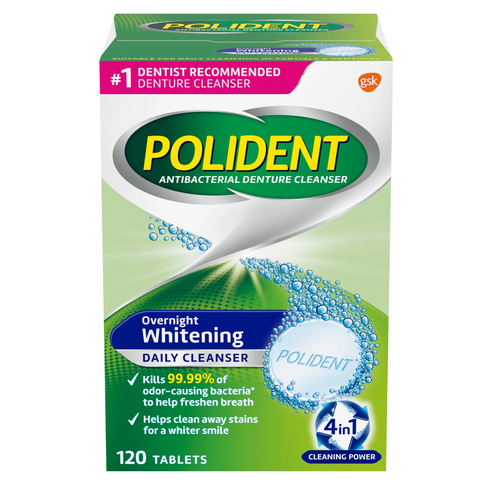 Polident, Overnight Whitening Denture Cleanser Tablets, Deep Cleaning and Stain Removal, 120 Count, for Adults