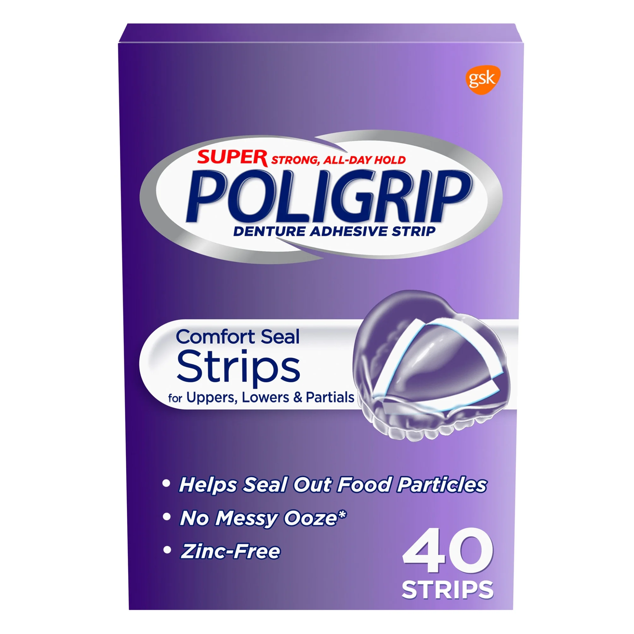 Super Poligrip, Comfort Seal Denture and Partials Adhesive Strips, Strong and Secure Fit for Adults, 40 Count