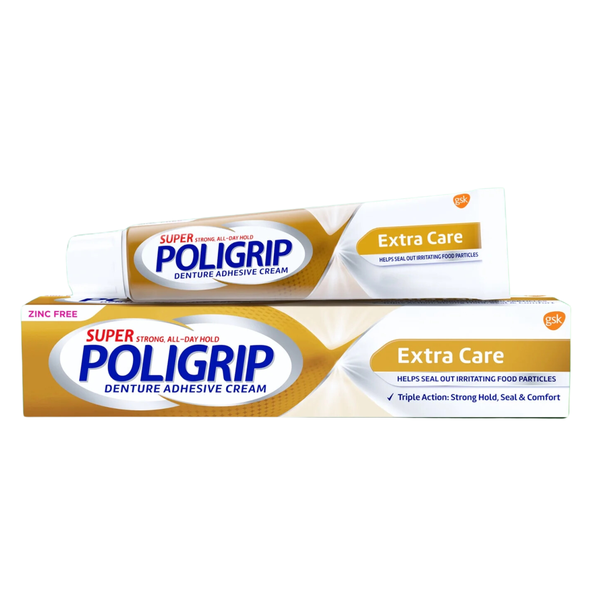 Super Poligrip, Extra Care Zinc-Free Denture and Partials Adhesive Cream, Secure and Gentle Fit for Adults, 2.2 oz