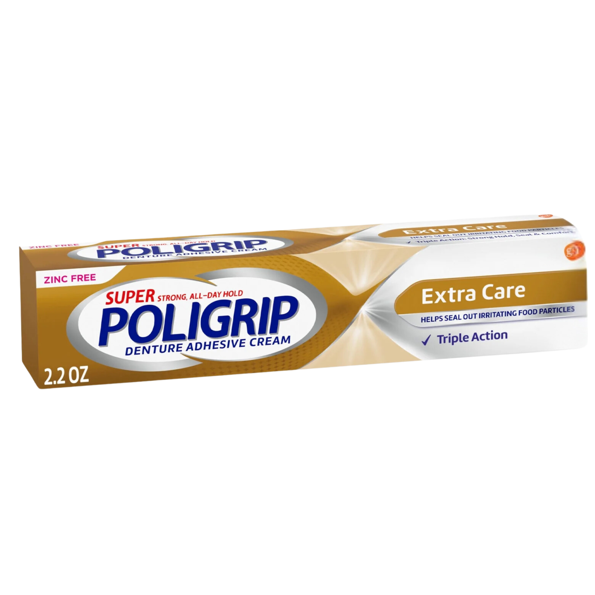 Super Poligrip, Extra Care Zinc-Free Denture and Partials Adhesive Cream, Secure and Gentle Fit for Adults, 2.2 oz