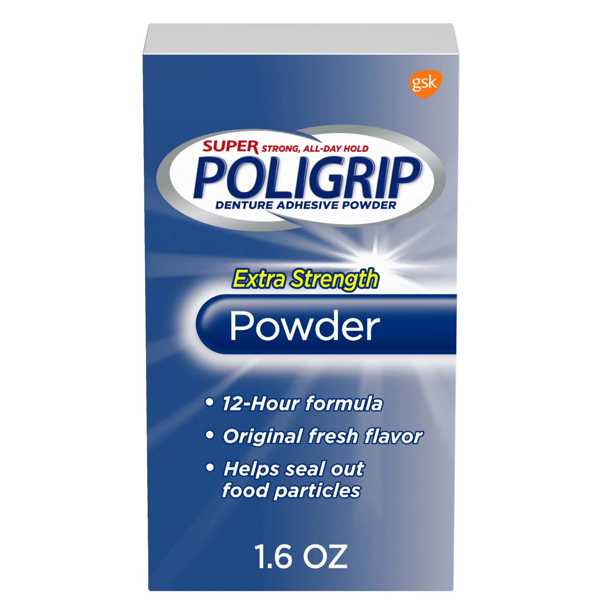 Super Poligrip, Extra Strength Denture Adhesive Powder for Partials and Full Dentures, 1.6 oz