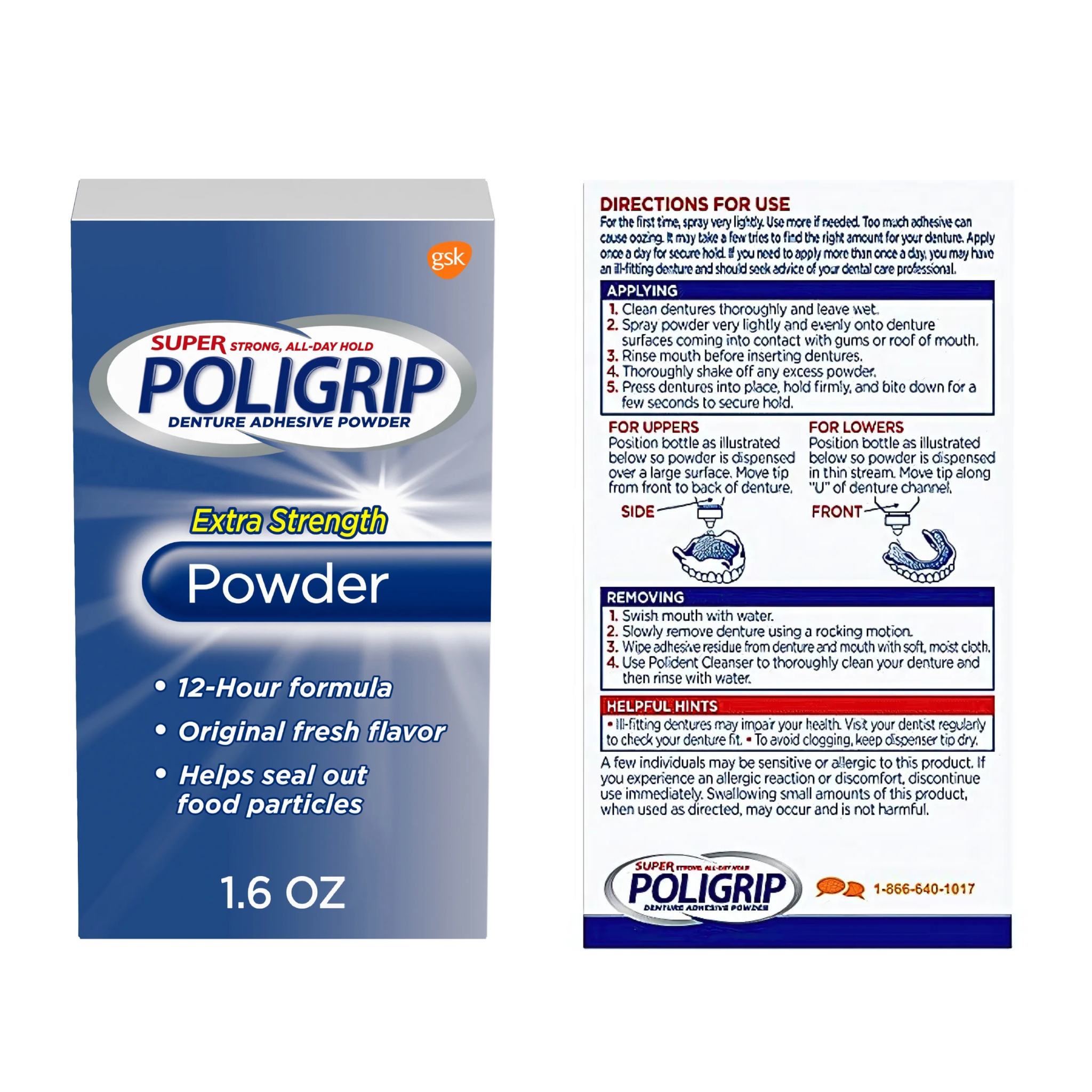 Super Poligrip, Extra Strength Denture Adhesive Powder for Partials and Full Dentures, 1.6 oz