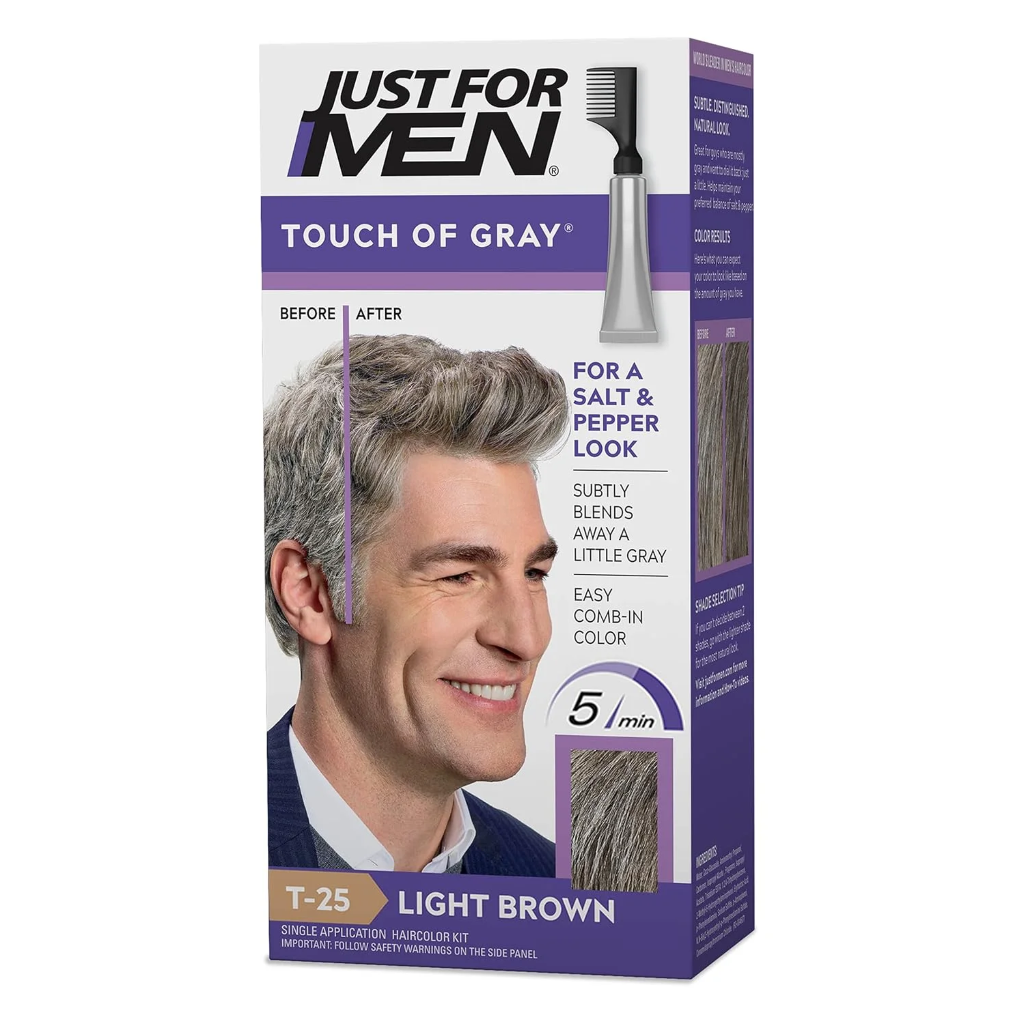 Just For Men, Touch of Gray Hair Color with Comb Applicator, Light Brown T-25, Natural Salt and Pepper Look