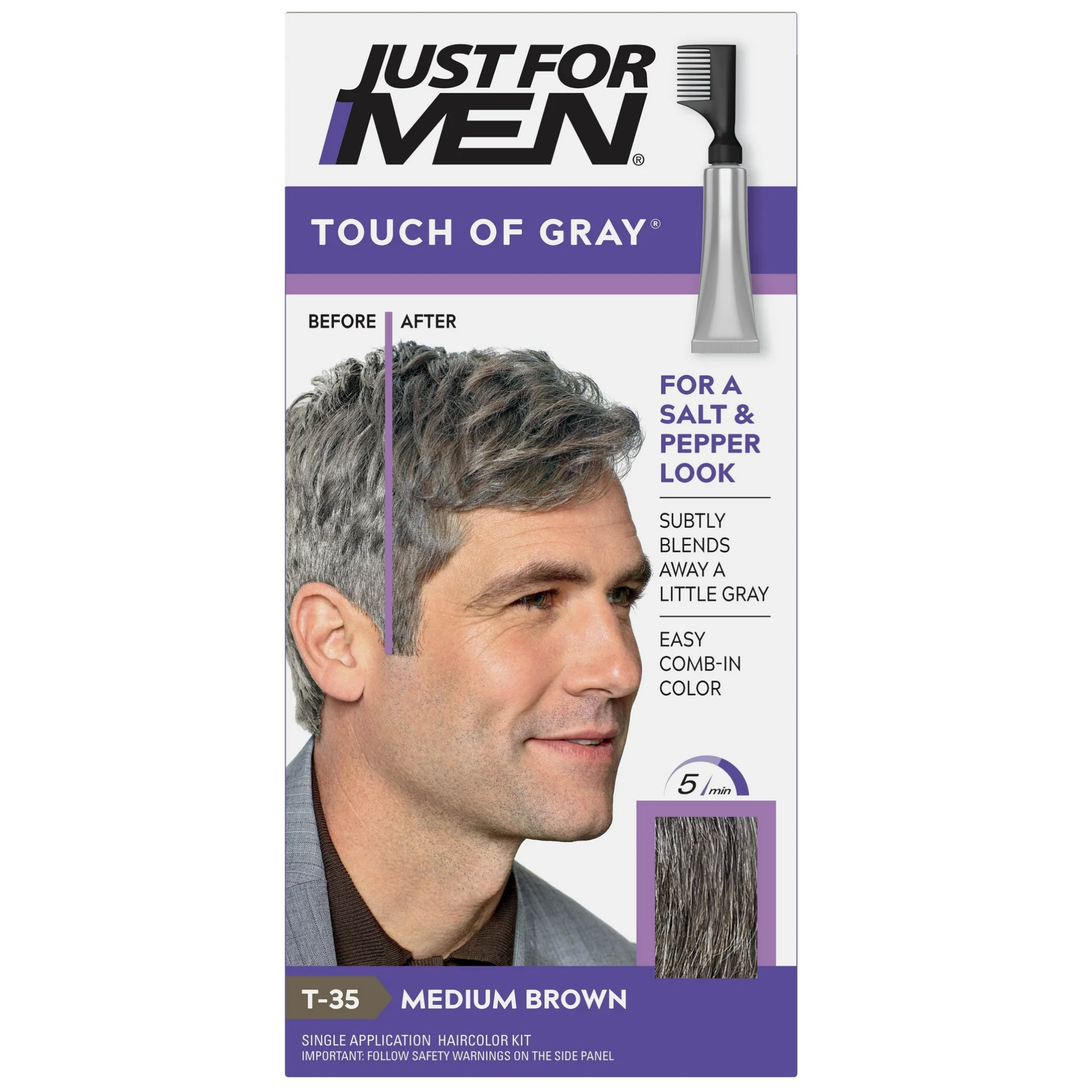 Just For Men, Touch of Gray Hair Color with Comb Applicator, Medium Brown T-35, Salt and Pepper Look, 1 Each