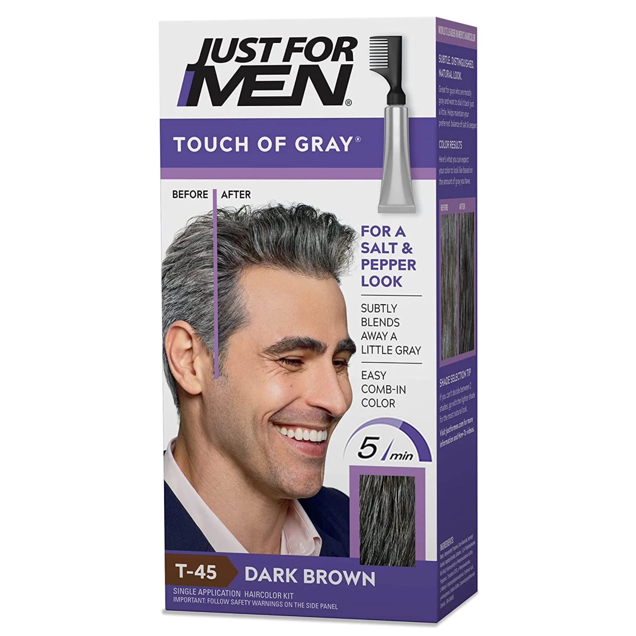 Just For Men, Touch of Gray Men’s Hair Color Kit with Comb Applicator, Easy Application for Salt and Pepper Look, Dark Brown T-45, Pack of 1