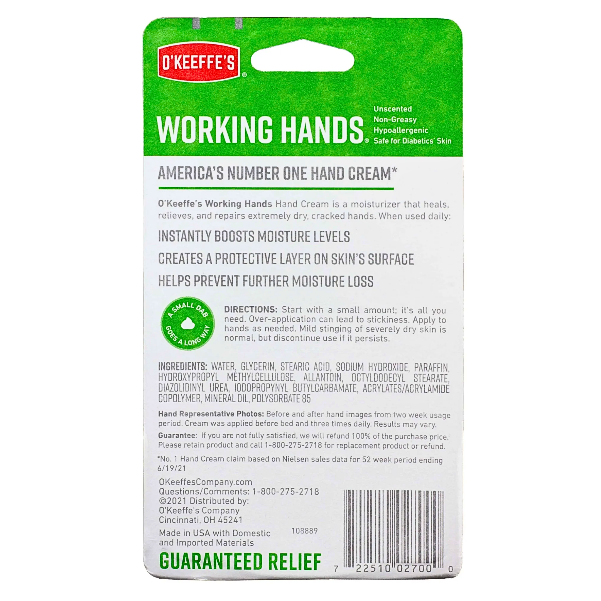 O'Keeffe's, Working Hands Hand Cream, Intense Moisture for Dry, Cracked Skin, 2.7 oz Jar